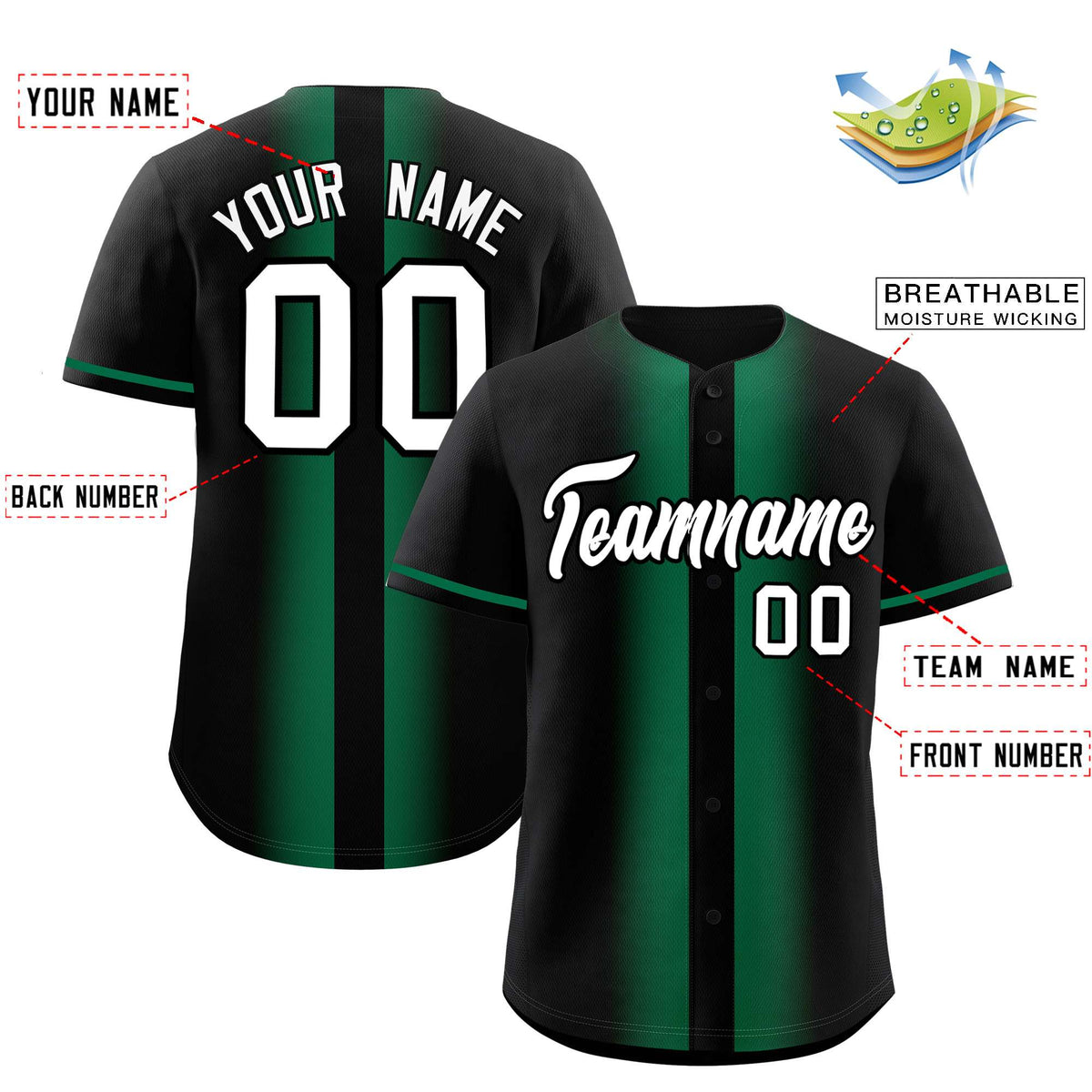 Custom Black Kelly Green Lapel Gradient Fashion Authentic Baseball Jersey| KXKSHOP