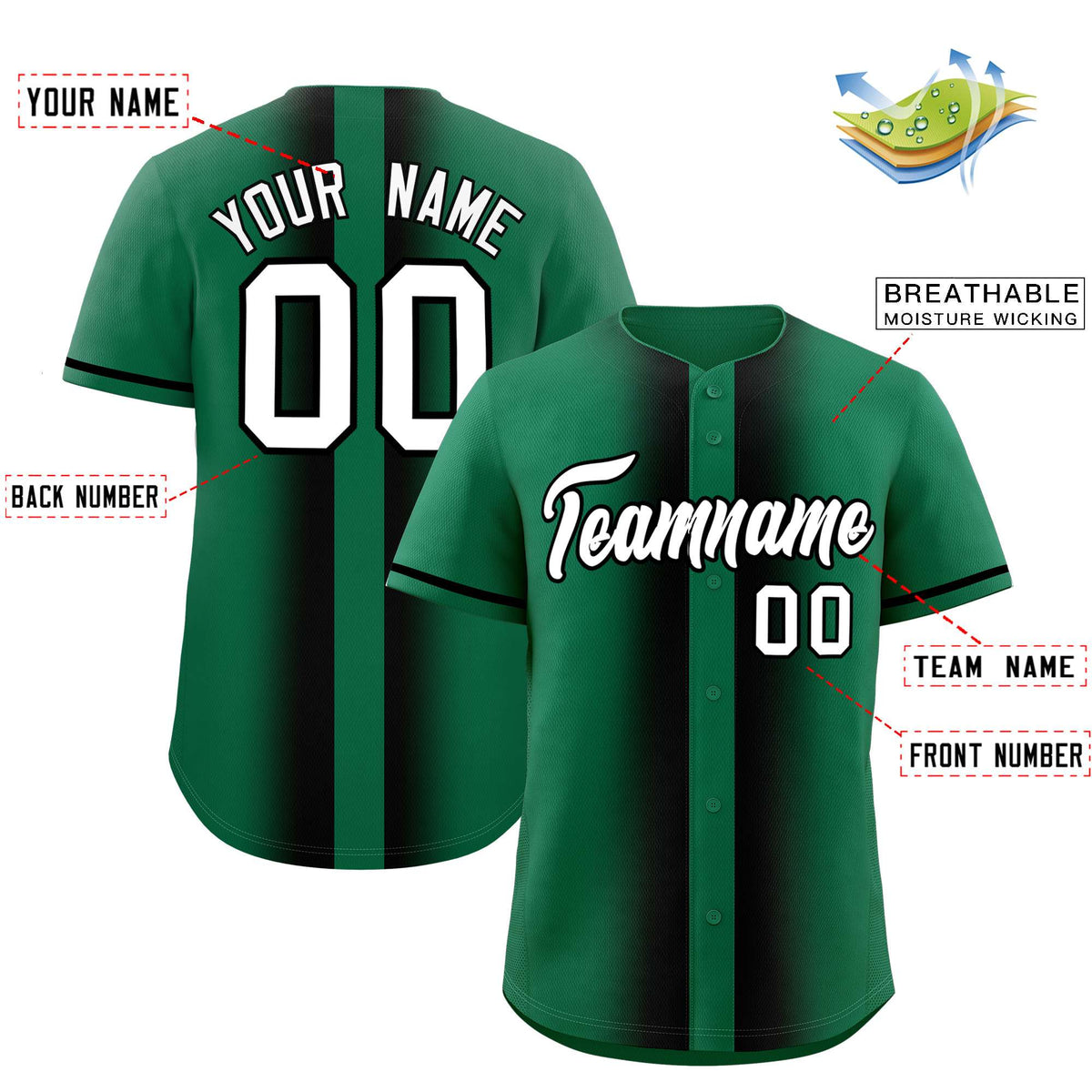 Custom Kelly Green Black Lapel Gradient Fashion Authentic Baseball Jersey| KXKSHOP