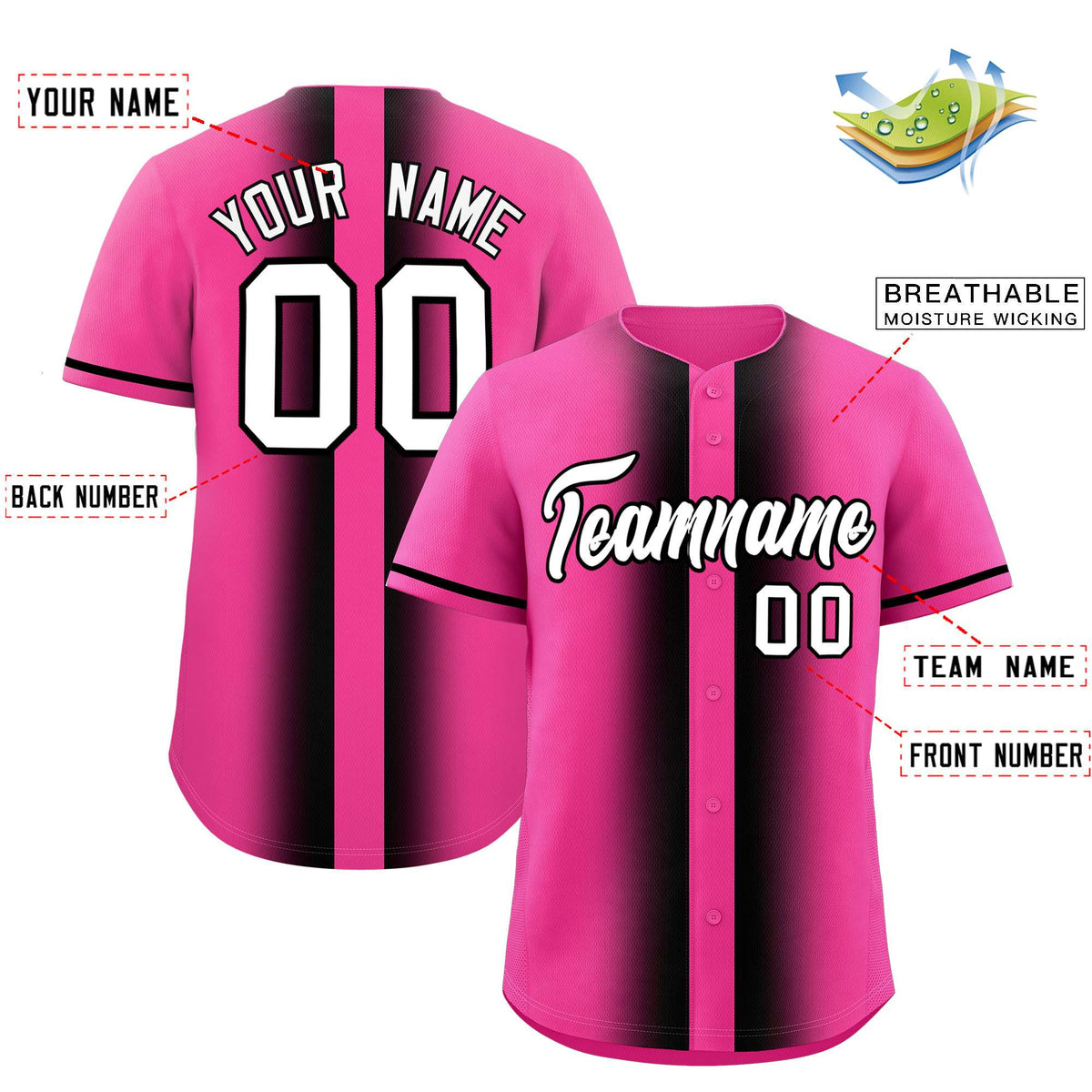 Custom Pink Black Lapel Gradient Fashion Authentic Baseball Jersey| KXKSHOP