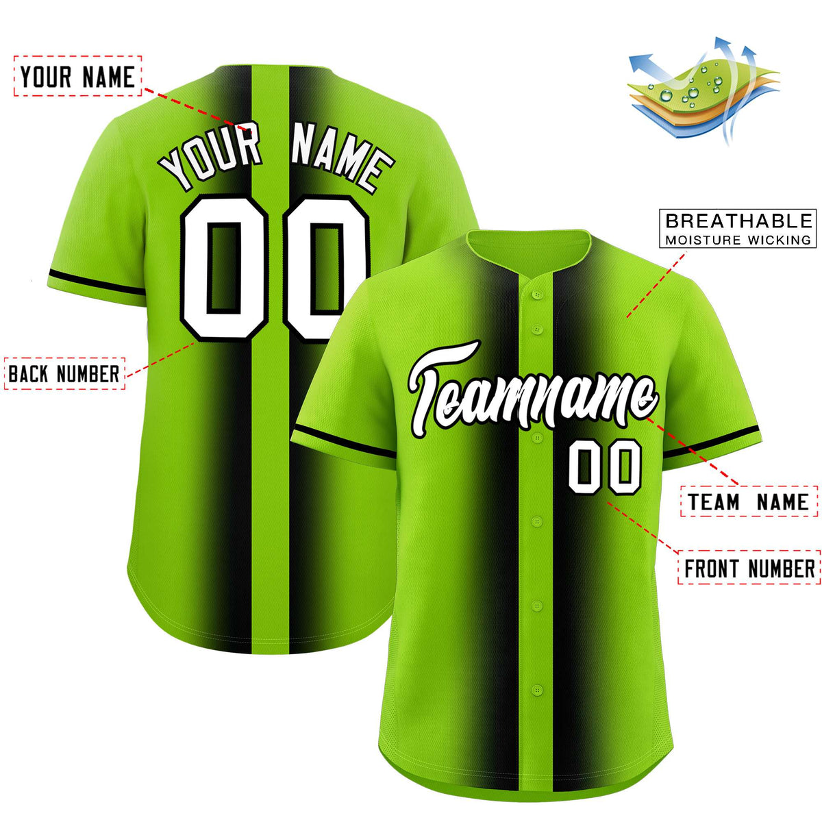 Custom Neon Green Black Lapel Gradient Fashion Authentic Baseball Jersey| KXKSHOP