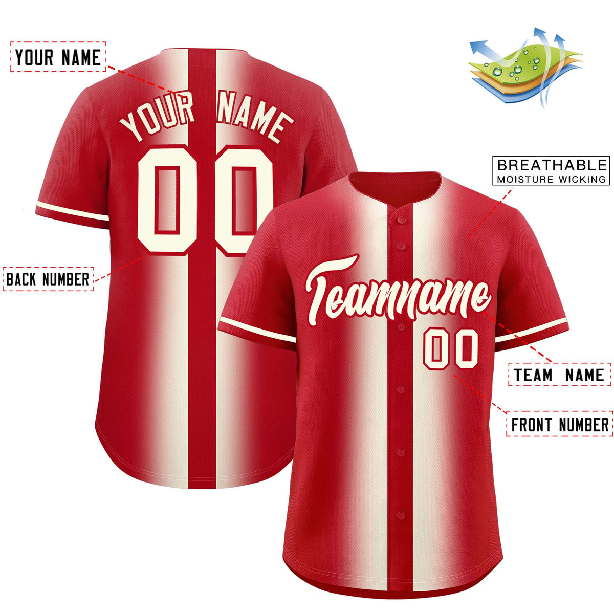 Custom Red Cream Lapel Gradient Fashion Authentic Baseball Jersey| KXKSHOP