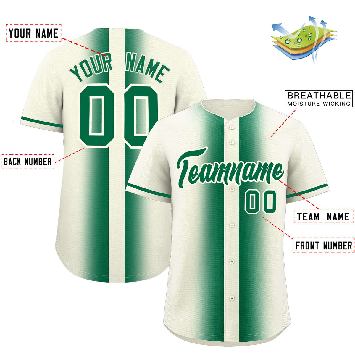 Custom Cream Kelly Green Lapel Gradient Fashion Authentic Baseball Jersey| KXKSHOP