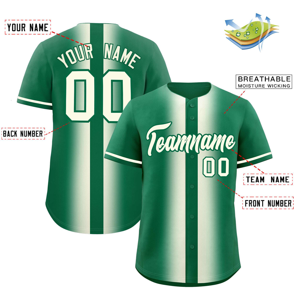 Custom Kelly Green Cream Lapel Gradient Fashion Authentic Baseball Jersey| KXKSHOP