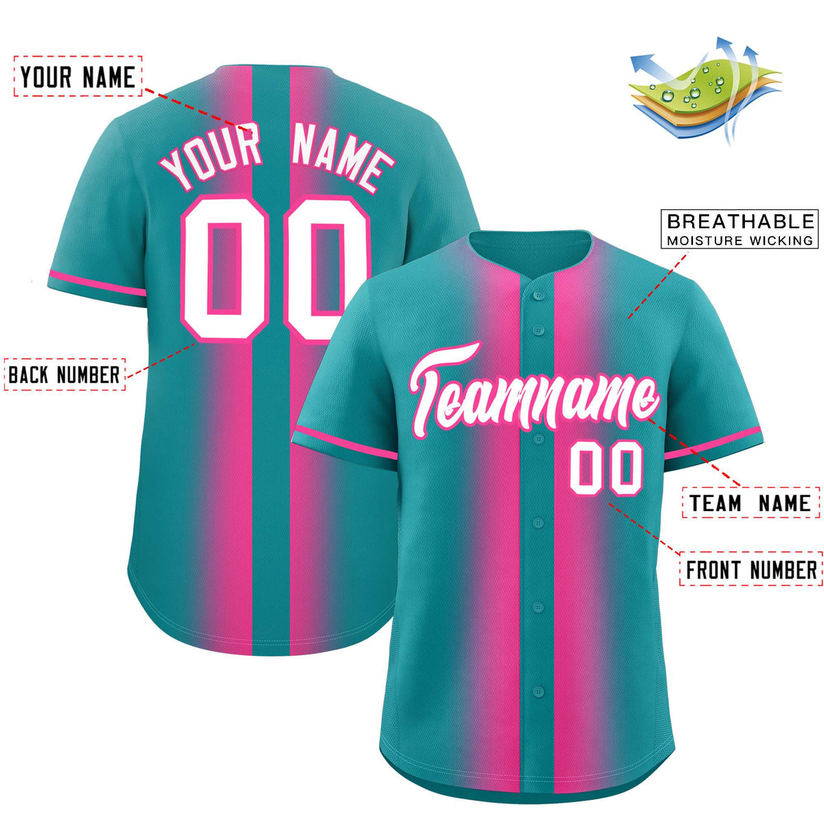 Custom Aqua Pink Lapel Gradient Fashion Authentic Baseball Jersey| KXKSHOP