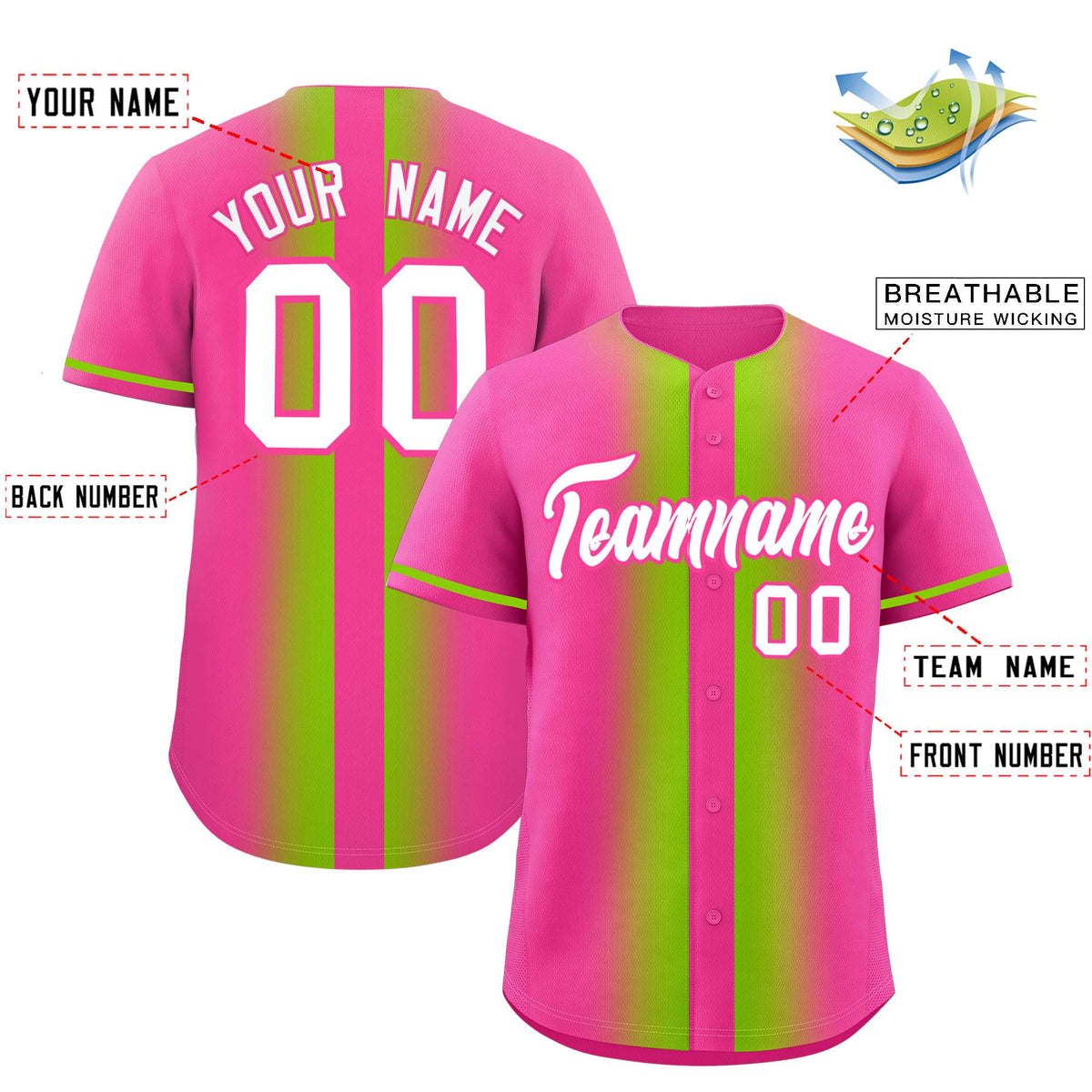 Custom Pink Neon Green Lapel Gradient Fashion Authentic Baseball Jersey| KXKSHOP