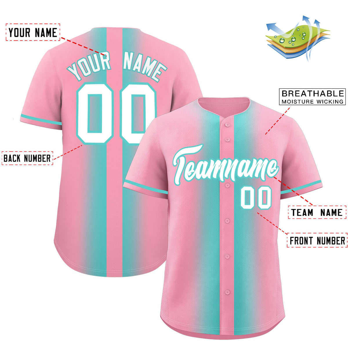 Custom Light Pink Bright Green Lapel Gradient Fashion Authentic Baseball Jersey| KXKSHOP