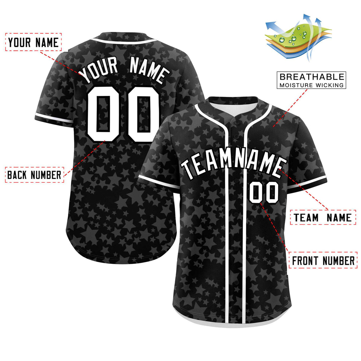 Custom Black White Personalized Star Graffiti Pattern Authentic Baseball Jersey | KXKSHOP
