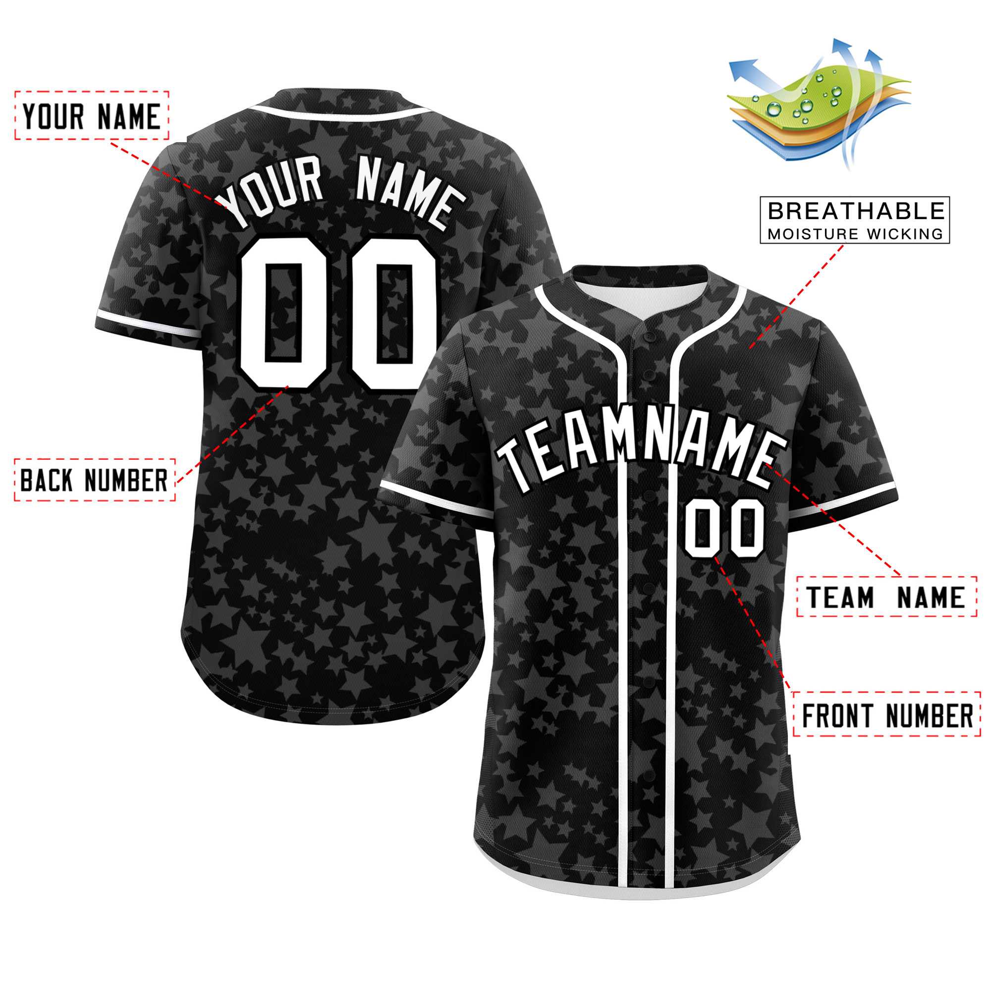 Custom Black White Personalized Star Graffiti Pattern Authentic Baseball Jersey | KXKSHOP