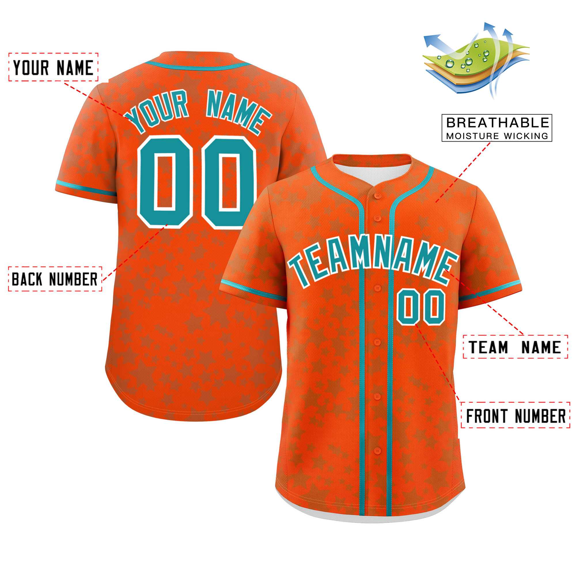 Custom Orange Aqua Personalized Star Graffiti Pattern Authentic Baseball Jersey | KXKSHOP
