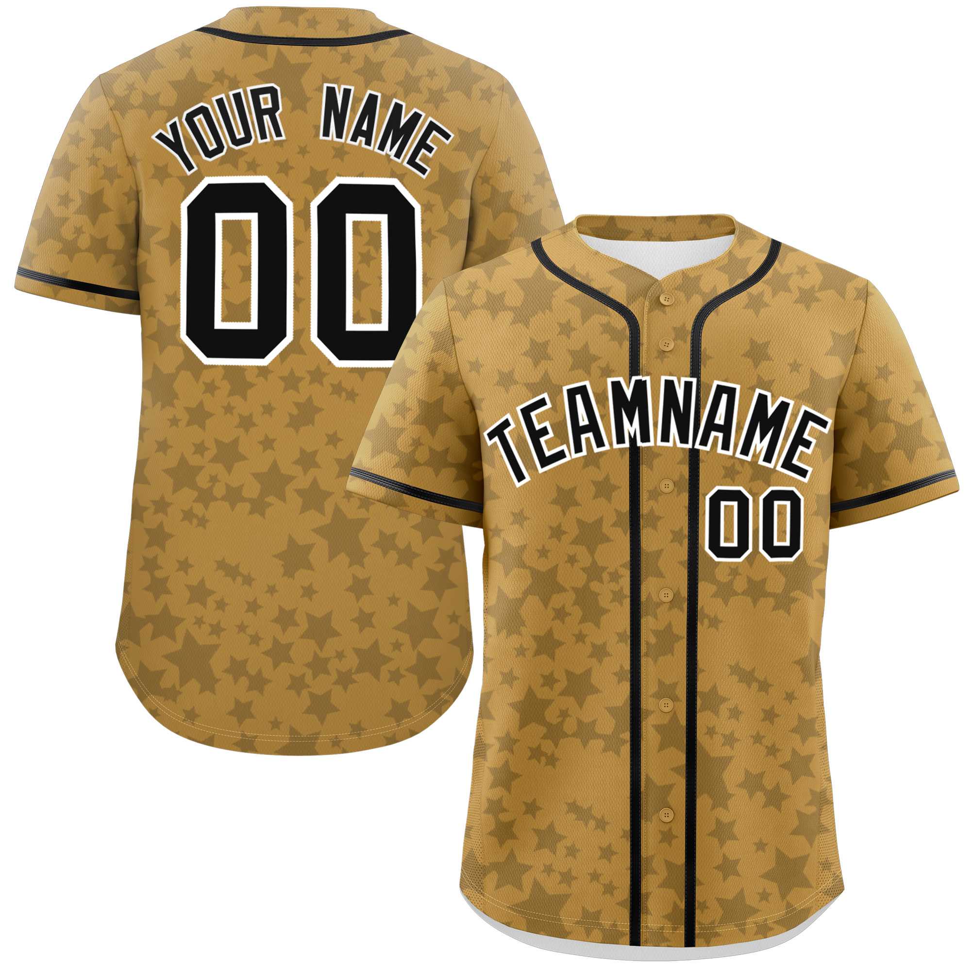 Custom Old Gold Black Personalized Star Graffiti Pattern Authentic Baseball Jersey | KXKSHOP