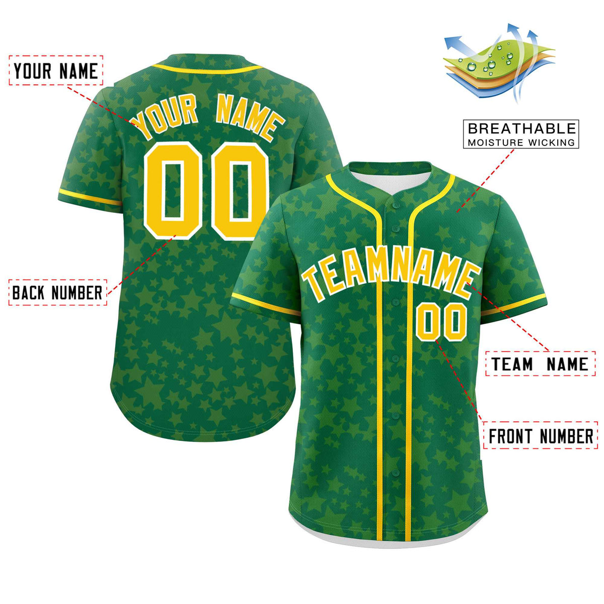 Custom Kelly Green Gold Personalized Star Graffiti Pattern Authentic Baseball Jersey | KXKSHOP