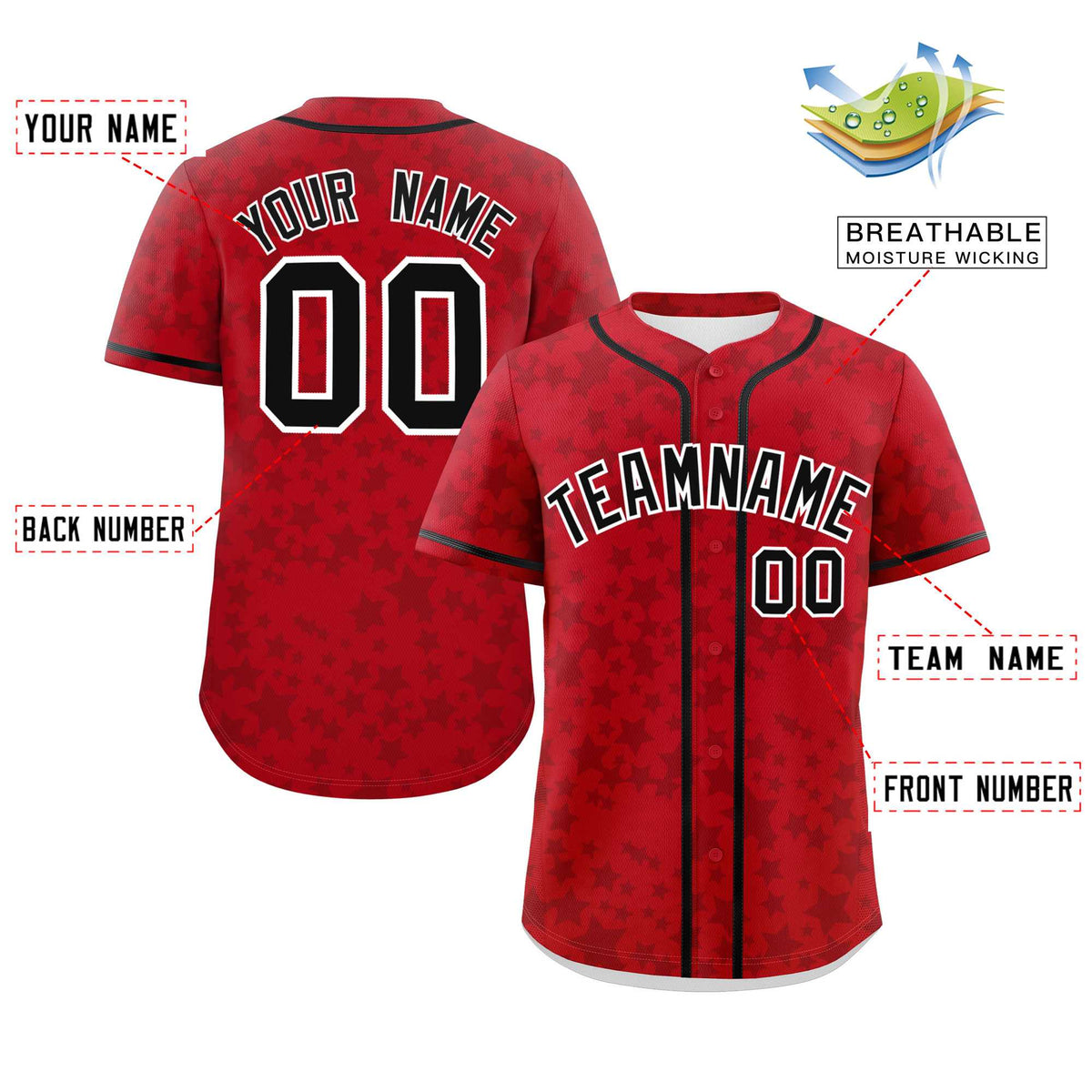 Custom Red Black Personalized Star Graffiti Pattern Authentic Baseball Jersey | KXKSHOP