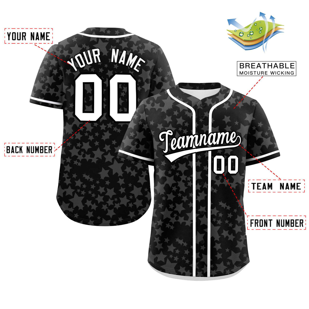 Custom Black White Personalized Star Graffiti Pattern Authentic Baseball Jersey | KXKSHOP