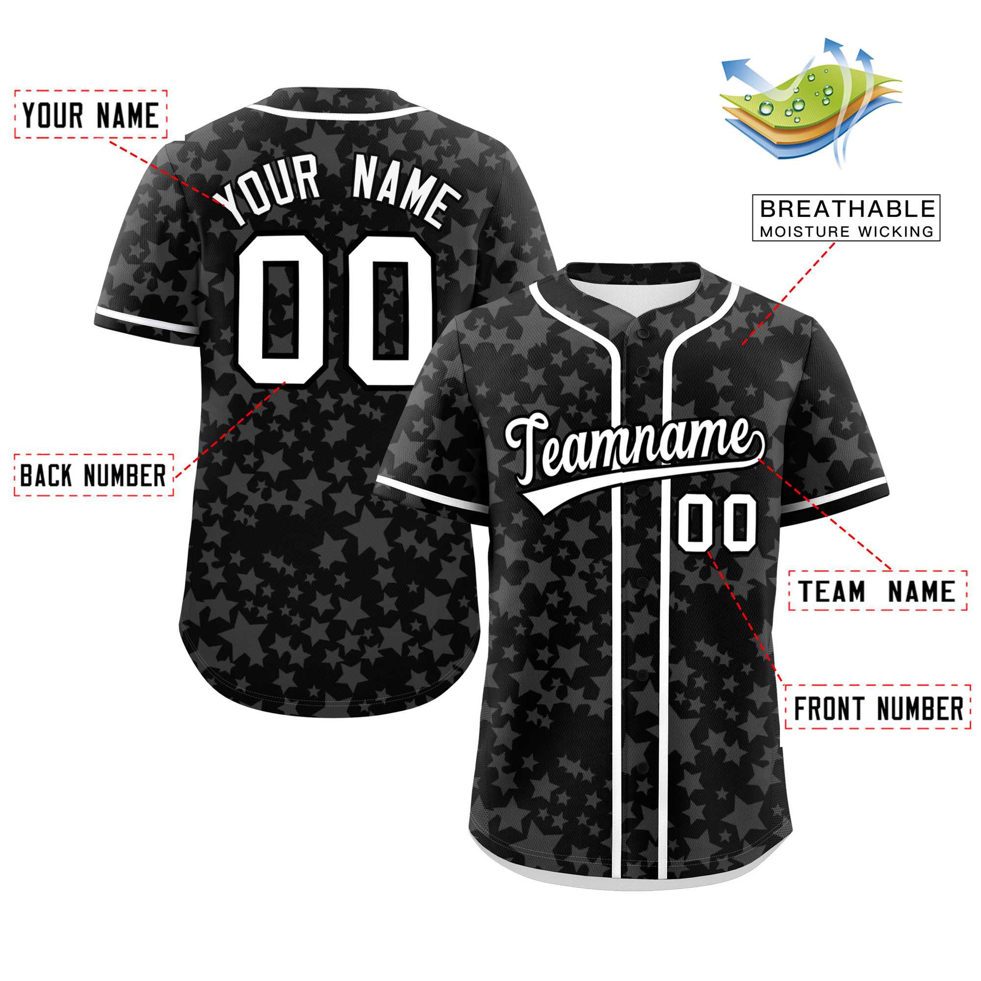 Custom Black White Personalized Star Graffiti Pattern Authentic Baseball Jersey | KXKSHOP