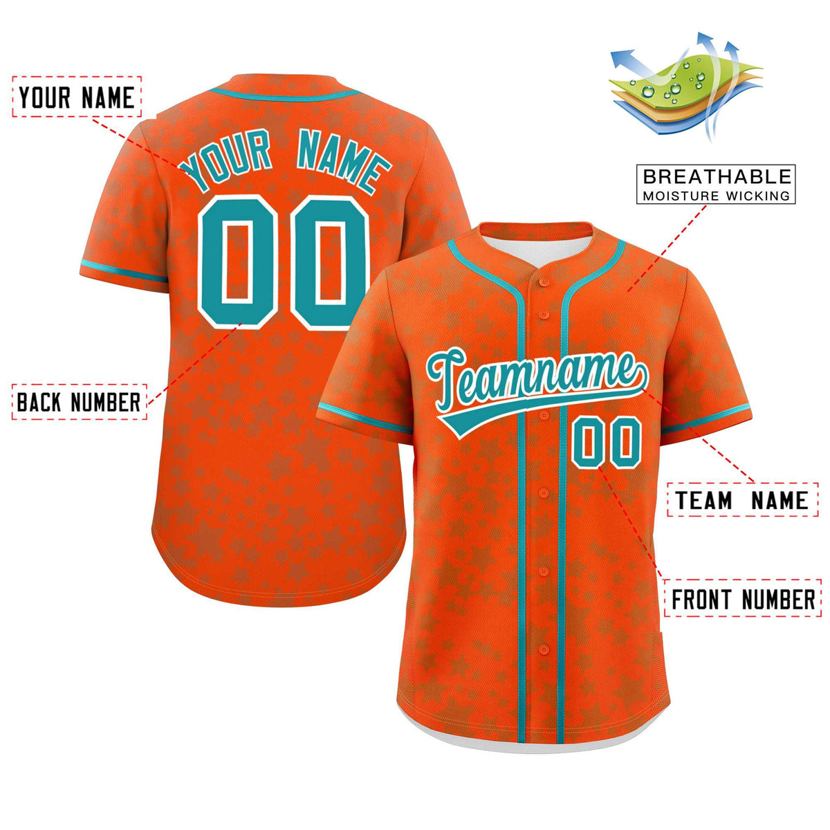 Custom Orange Aqua Personalized Star Graffiti Pattern Authentic Baseball Jersey | KXKSHOP