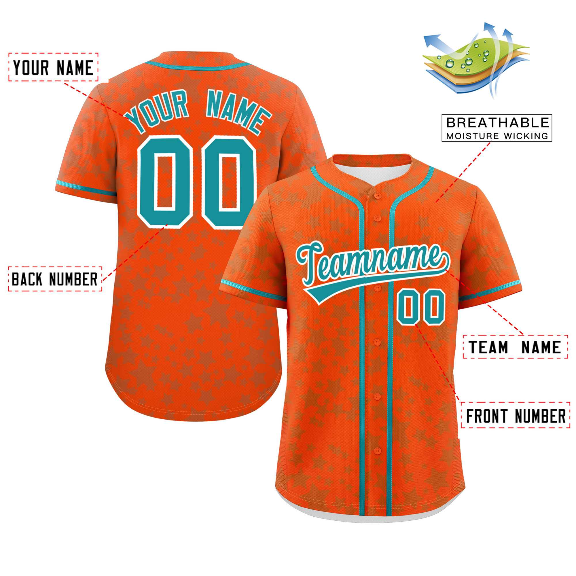 Custom Orange Aqua Personalized Star Graffiti Pattern Authentic Baseball Jersey | KXKSHOP