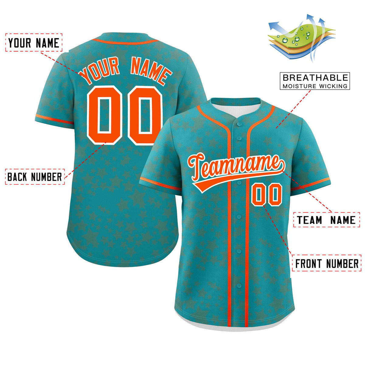 Custom Aqua Orange Personalized Star Graffiti Pattern Authentic Baseball Jersey | KXKSHOP
