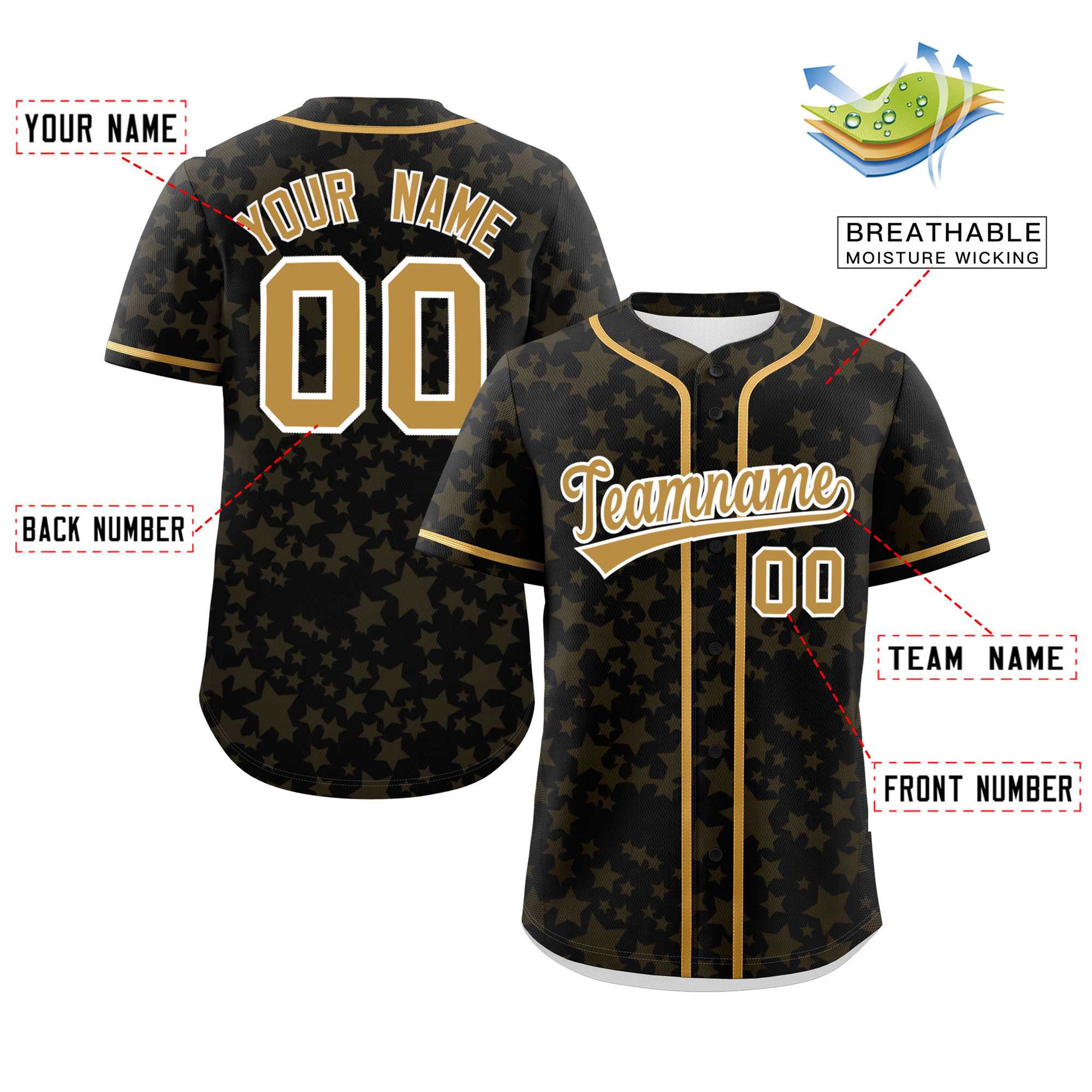Custom Black Old Gold Personalized Star Graffiti Pattern Authentic Baseball Jersey | KXKSHOP