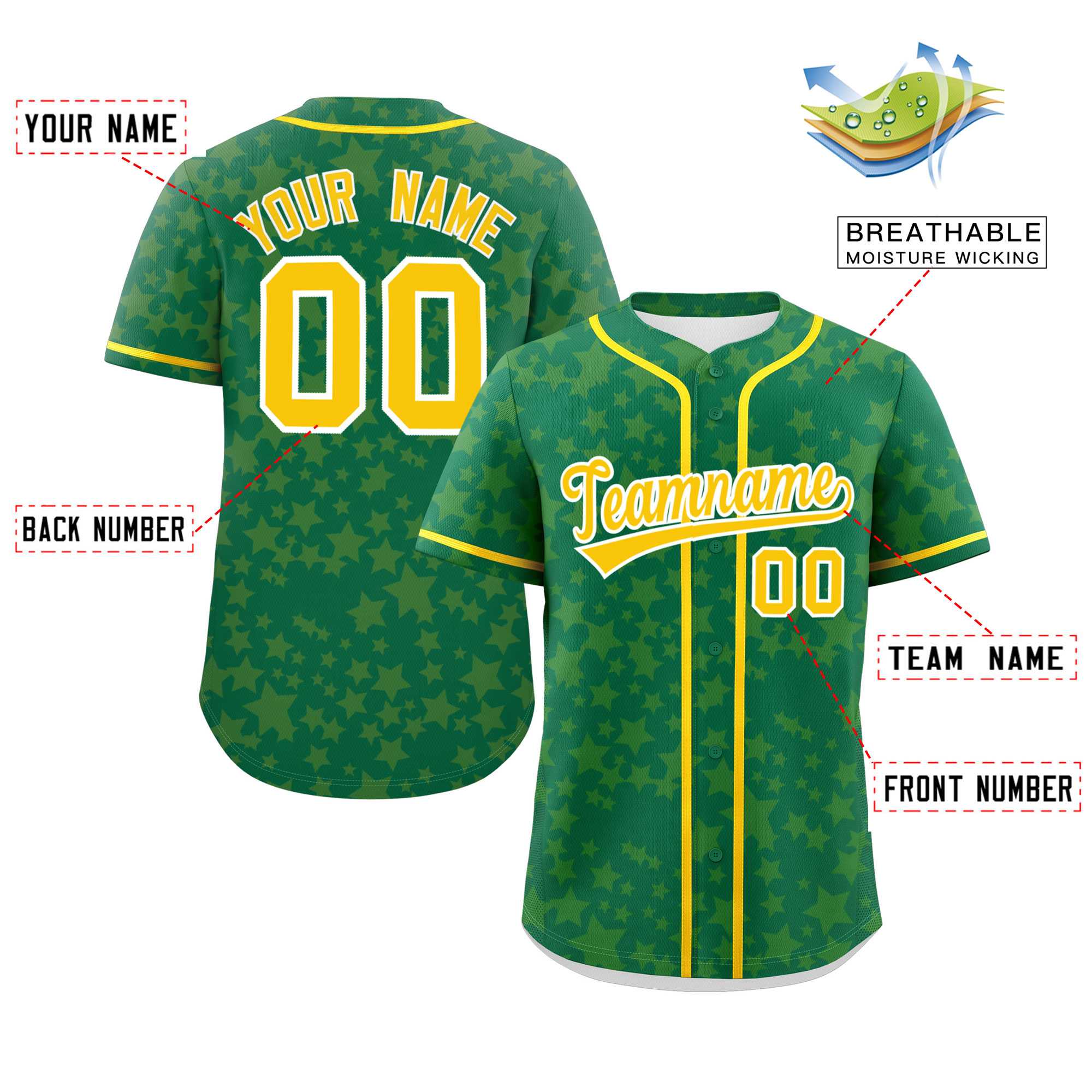 Custom Kelly Green Gold Personalized Star Graffiti Pattern Authentic Baseball Jersey | KXKSHOP