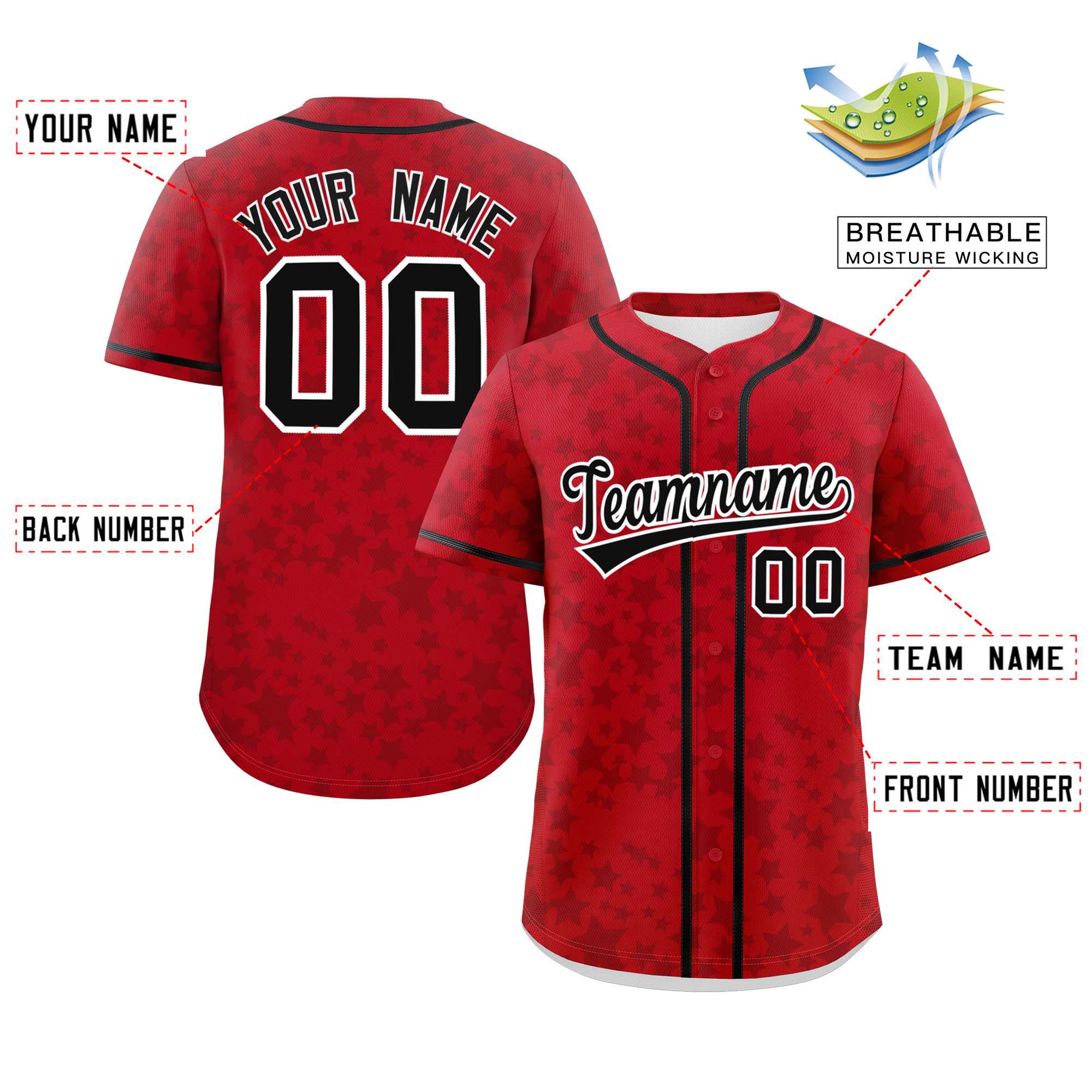 Custom Red Black Personalized Star Graffiti Pattern Authentic Baseball Jersey | KXKSHOP