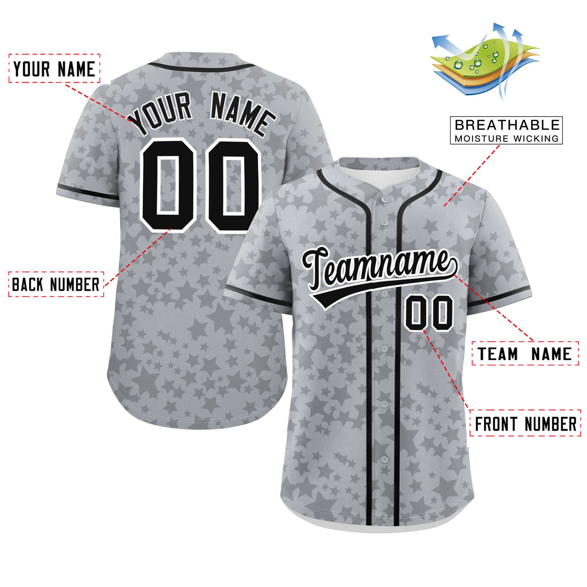 Custom Gray Black Personalized Star Graffiti Pattern Authentic Baseball Jersey