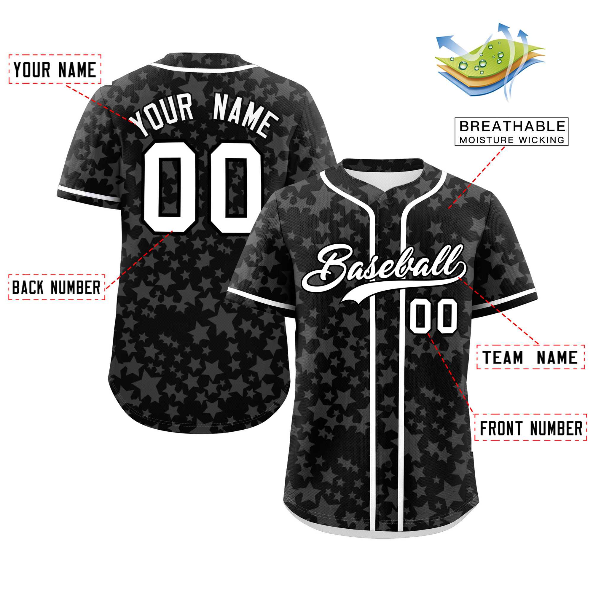 Custom Black White Personalized Star Graffiti Pattern Authentic Baseball Jersey | KXKSHOP