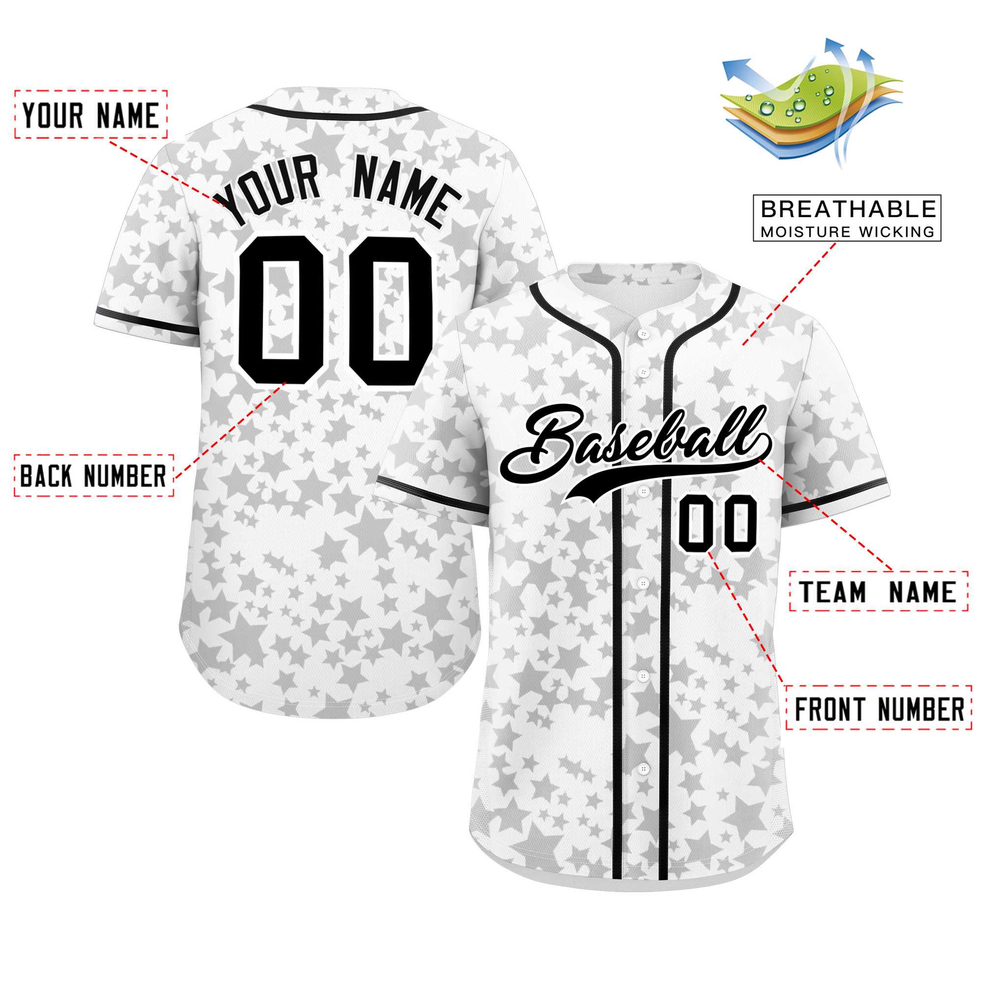 Custom White Black Personalized Star Graffiti Pattern Authentic Baseball Jersey | KXKSHOP