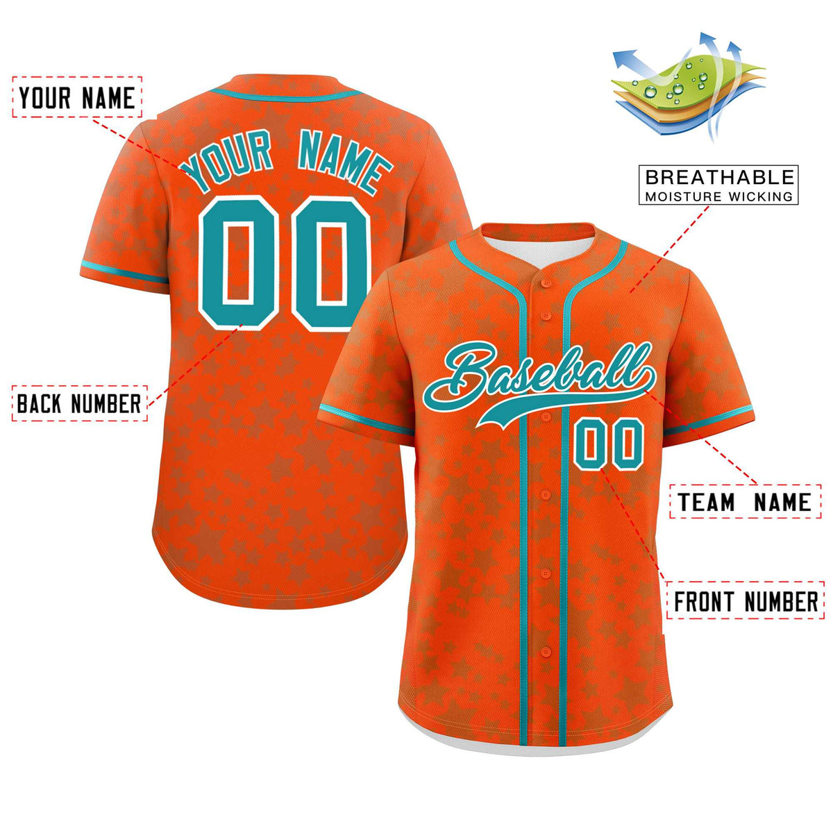 Custom Orange Aqua Personalized Star Graffiti Pattern Authentic Baseball Jersey | KXKSHOP