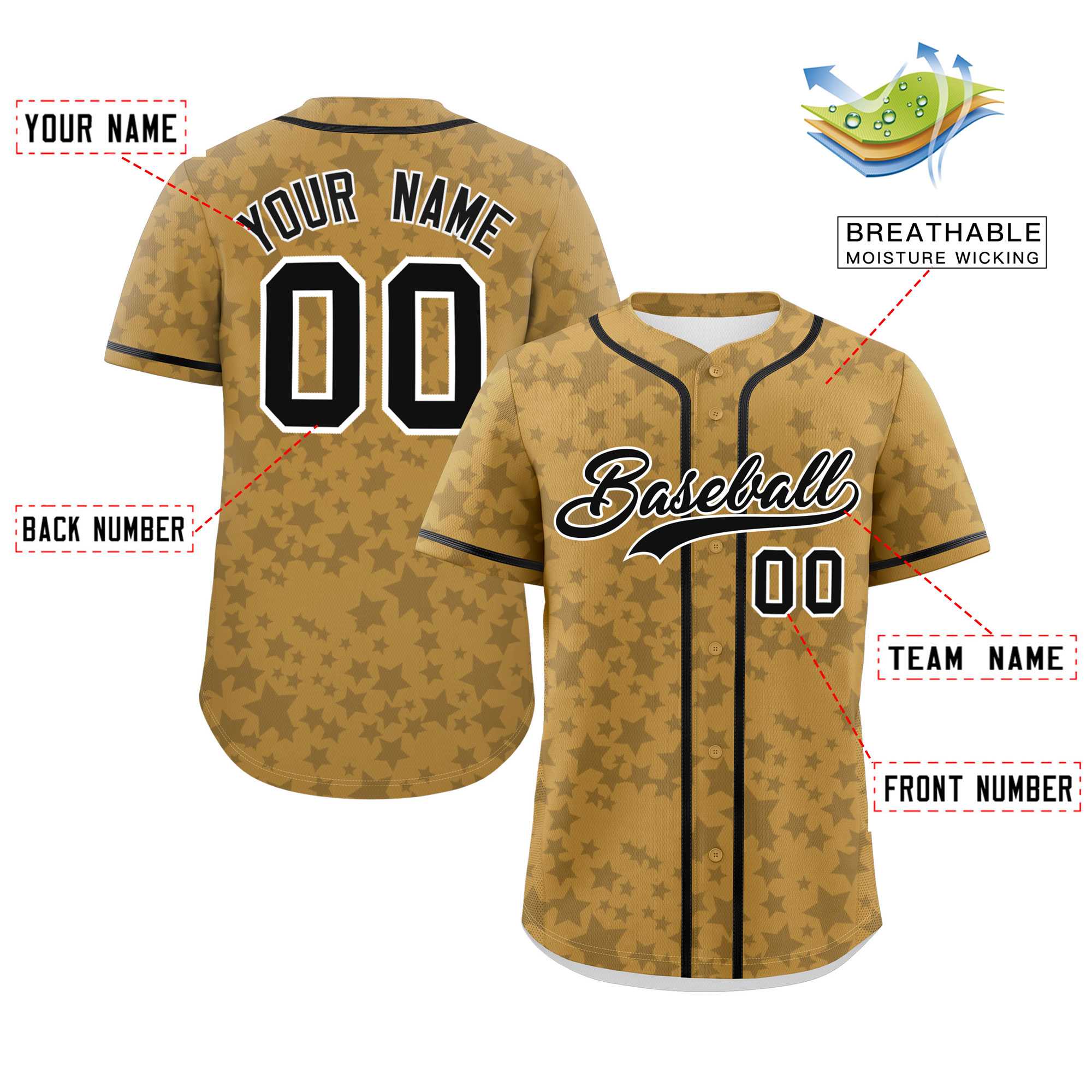 Custom Old Gold Black Personalized Star Graffiti Pattern Authentic Baseball Jersey | KXKSHOP