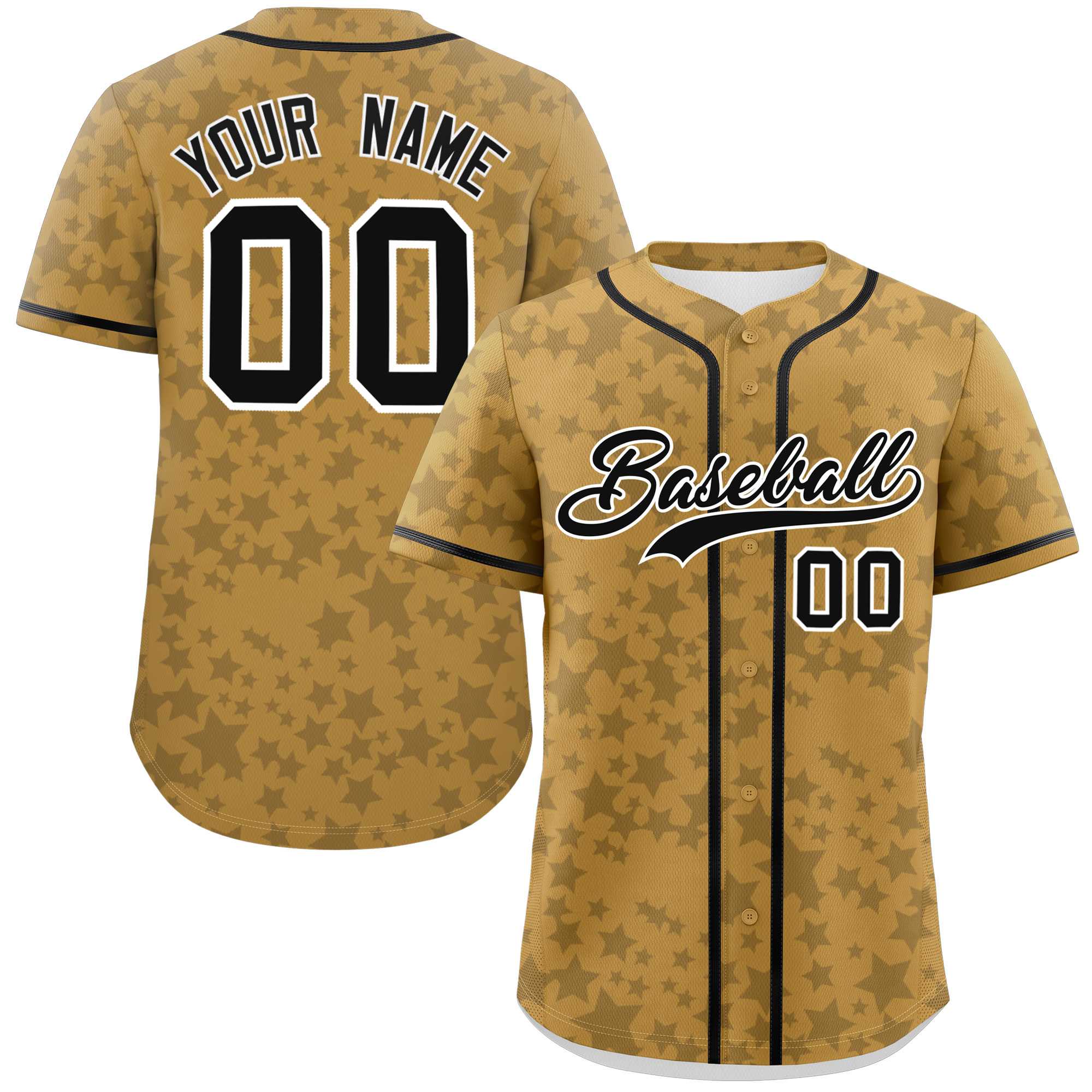 Custom Old Gold Black Personalized Star Graffiti Pattern Authentic Baseball Jersey | KXKSHOP