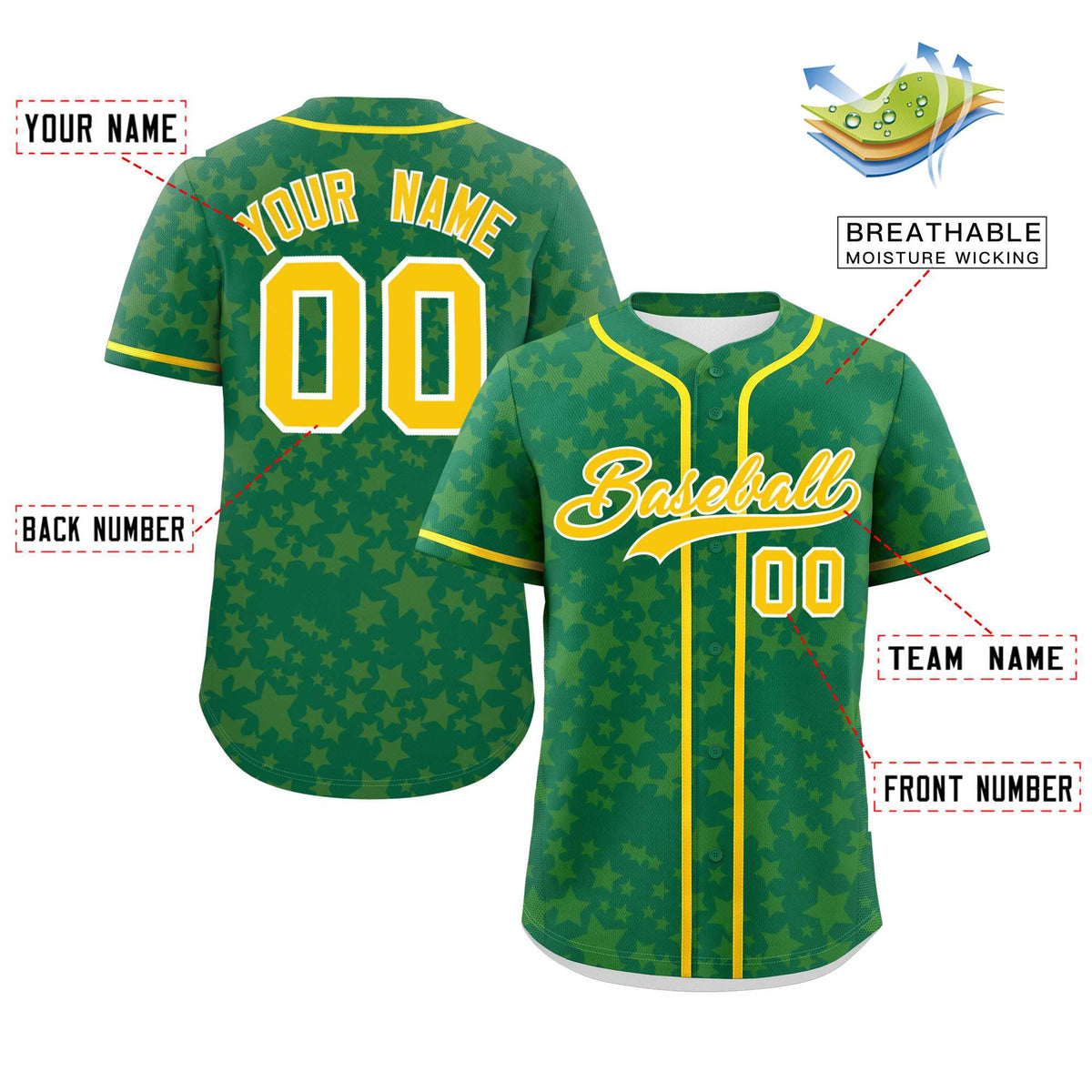 Custom Kelly Green Gold Personalized Star Graffiti Pattern Authentic Baseball Jersey | KXKSHOP