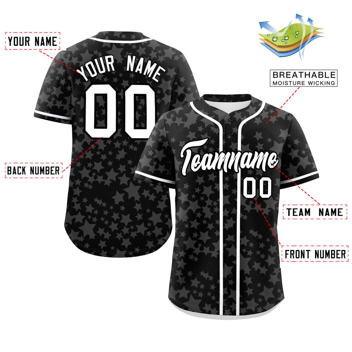 Custom Black White Personalized Star Graffiti Pattern Authentic Baseball Jersey | KXKSHOP