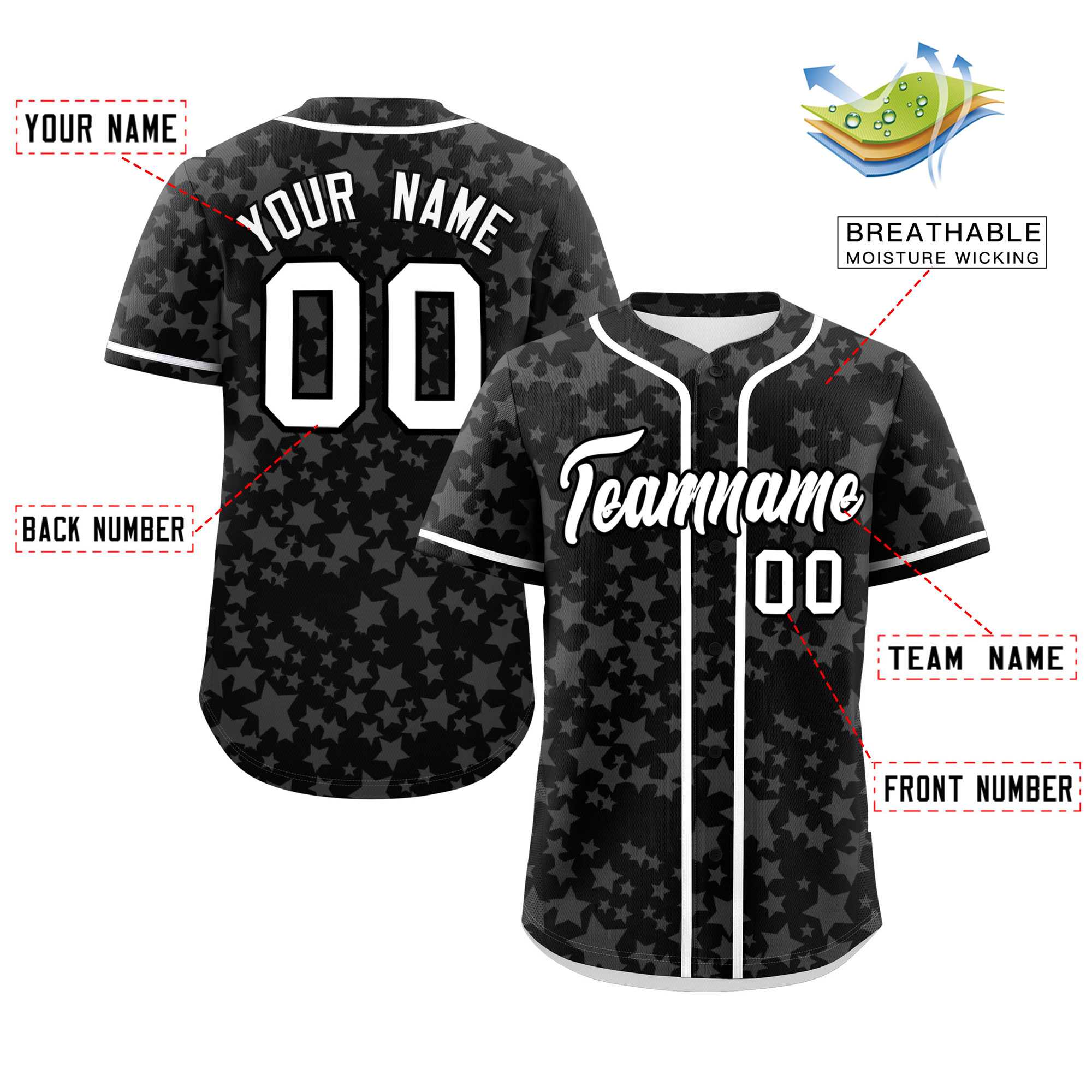 Custom Black White Personalized Star Graffiti Pattern Authentic Baseball Jersey | KXKSHOP