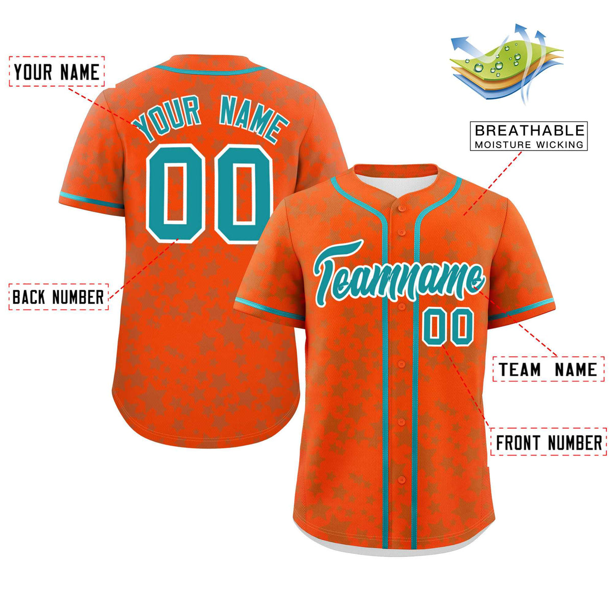 Custom Orange Aqua Personalized Star Graffiti Pattern Authentic Baseball Jersey | KXKSHOP
