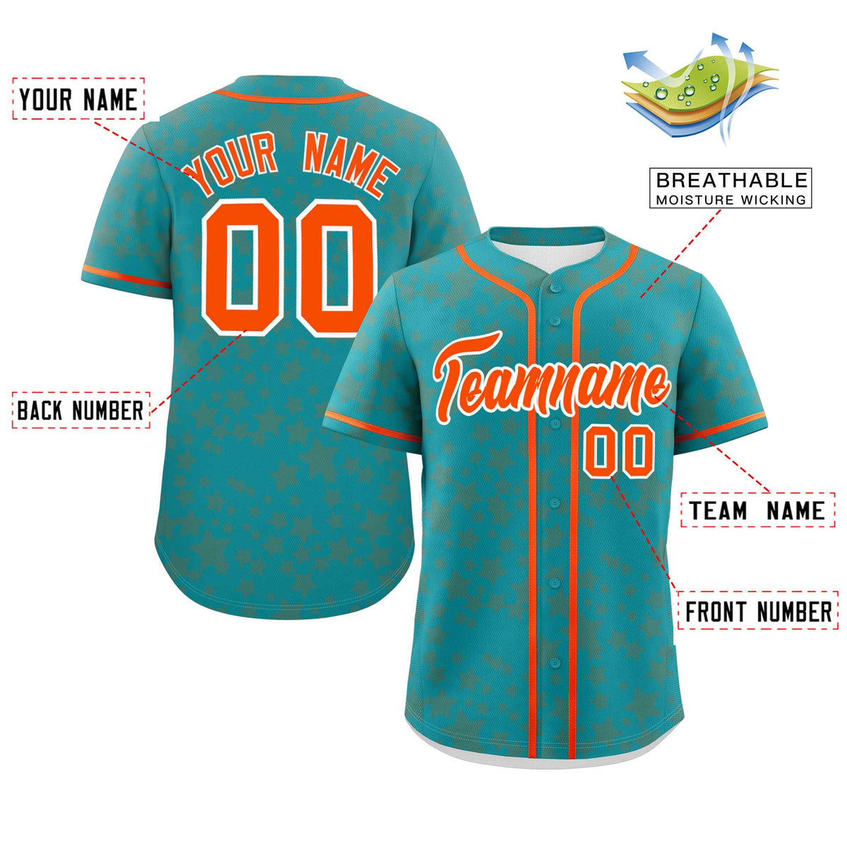 Custom Aqua Orange Personalized Star Graffiti Pattern Authentic Baseball Jersey | KXKSHOP