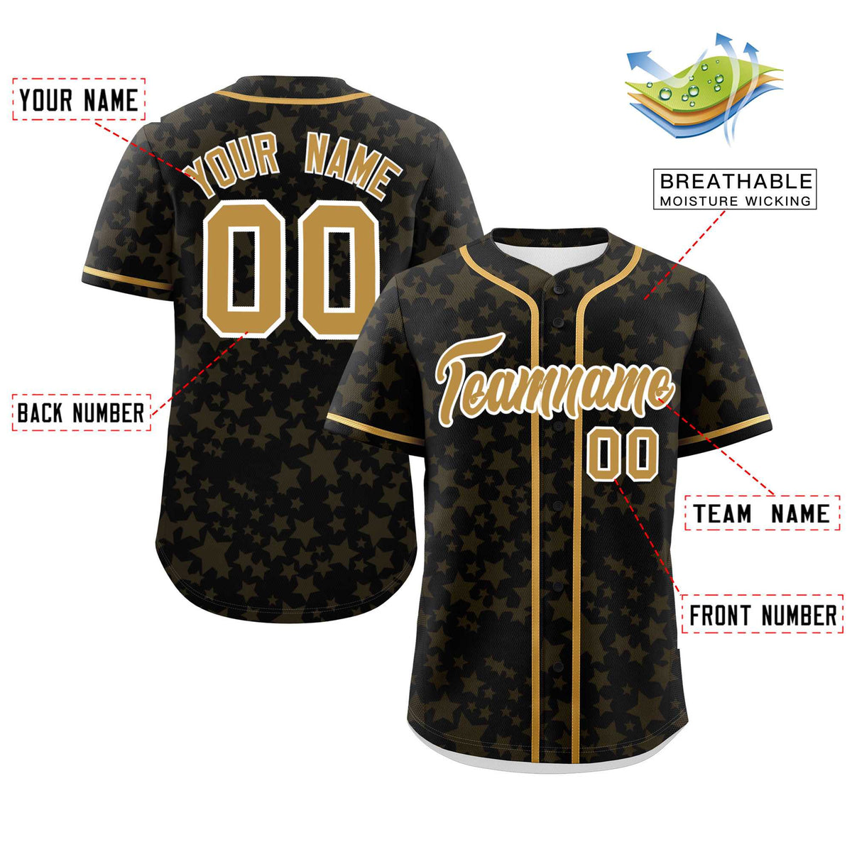 Custom Black Old Gold Personalized Star Graffiti Pattern Authentic Baseball Jersey | KXKSHOP