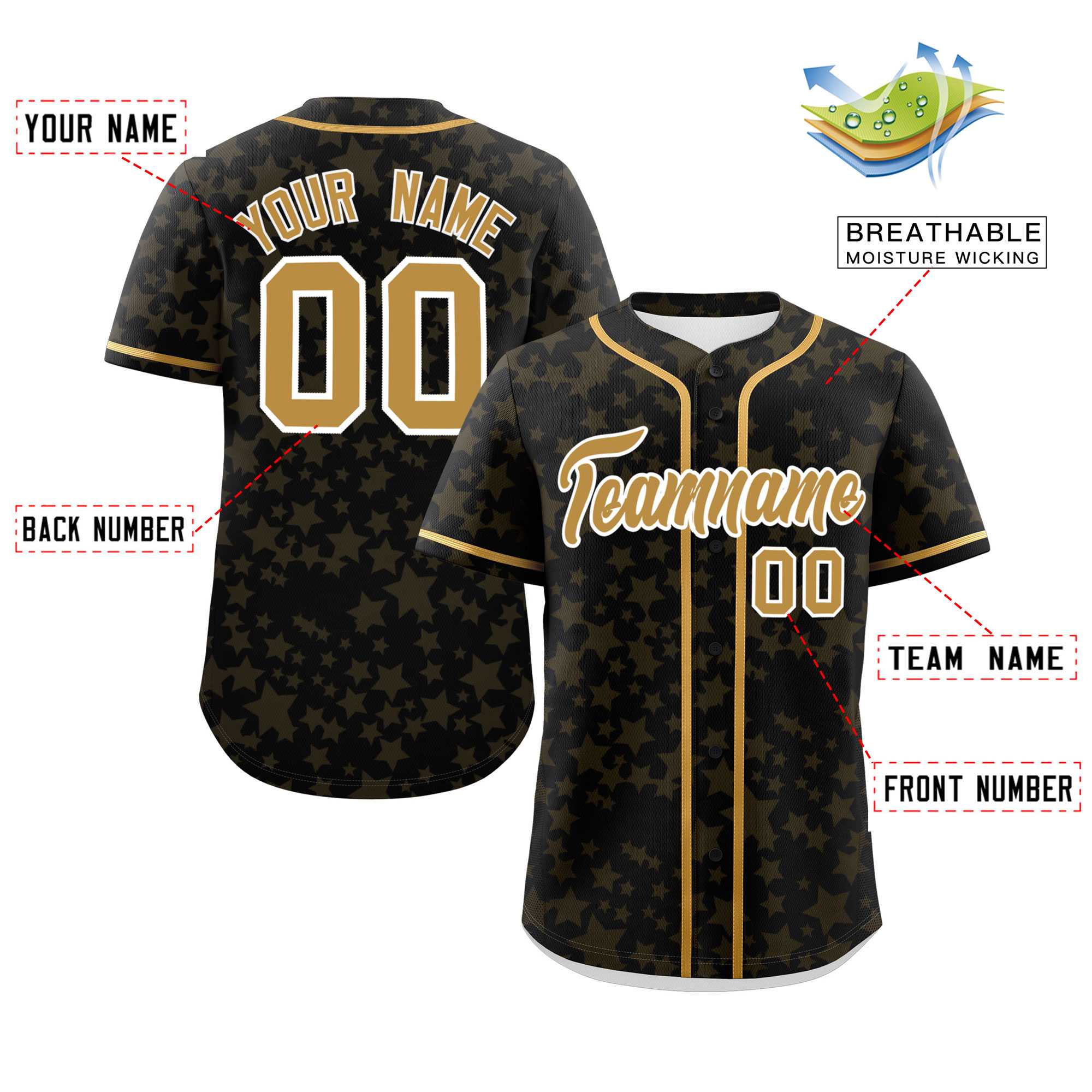 Custom Black Old Gold Personalized Star Graffiti Pattern Authentic Baseball Jersey | KXKSHOP