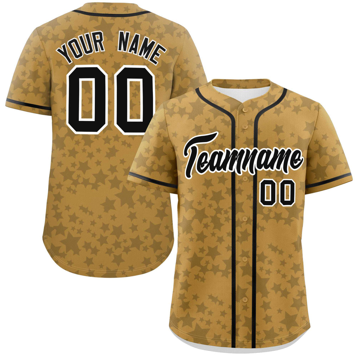 Custom Old Gold Black Personalized Star Graffiti Pattern Authentic Baseball Jersey | KXKSHOP