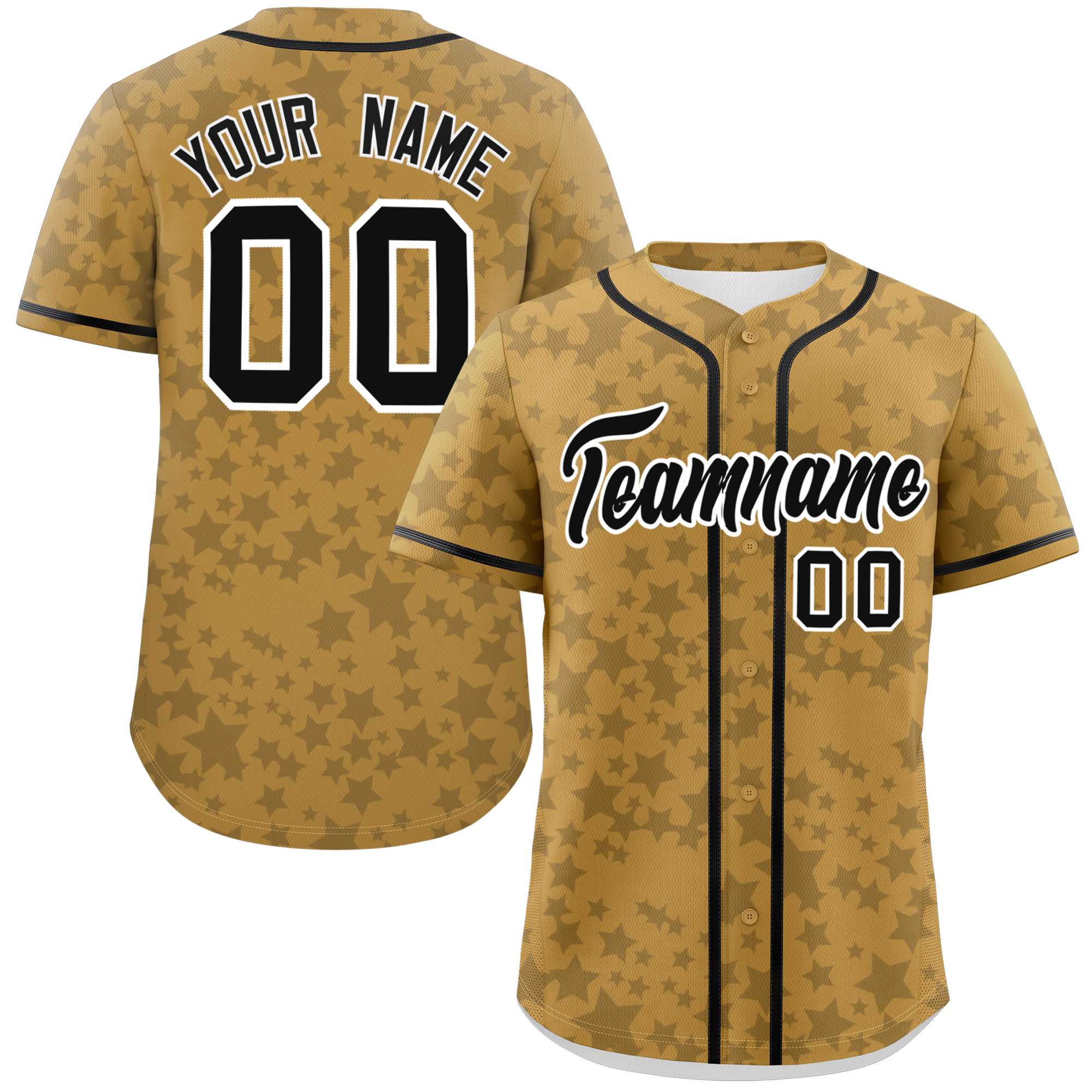 Custom Old Gold Black Personalized Star Graffiti Pattern Authentic Baseball Jersey | KXKSHOP