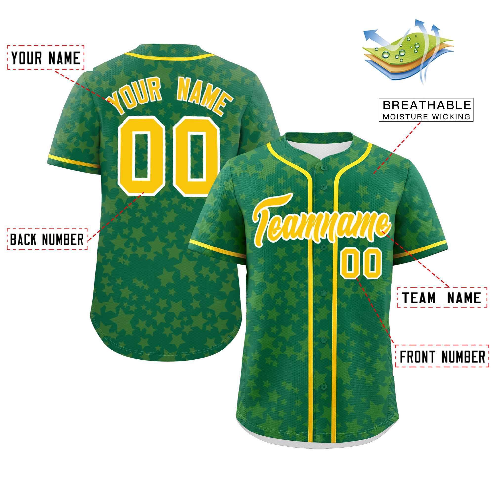 Custom Kelly Green Gold Personalized Star Graffiti Pattern Authentic Baseball Jersey | KXKSHOP