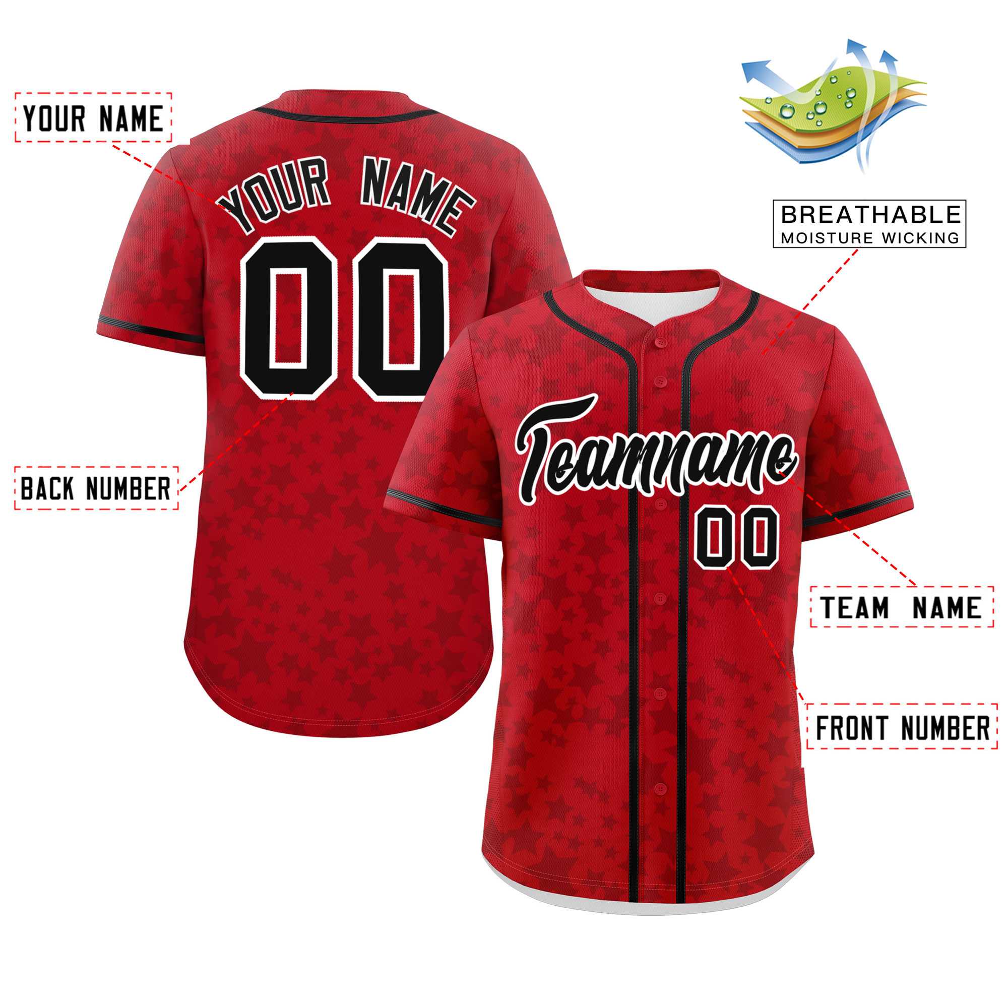 Custom Red Black Personalized Star Graffiti Pattern Authentic Baseball Jersey | KXKSHOP