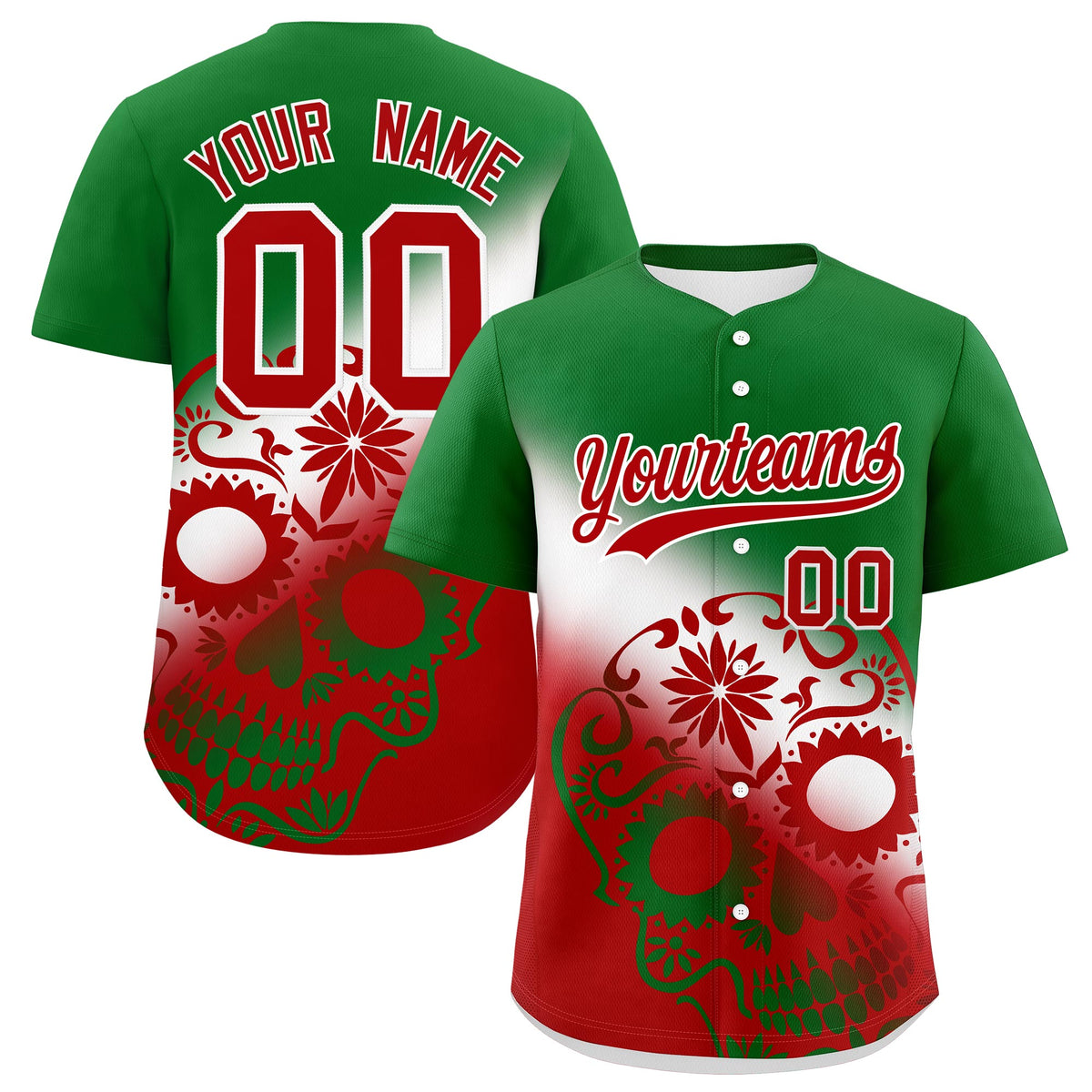 Custom Kelly Green White Red Graffiti Pattern Mexican style Stretch Fabric Baseball Jersey| KXKSHOP