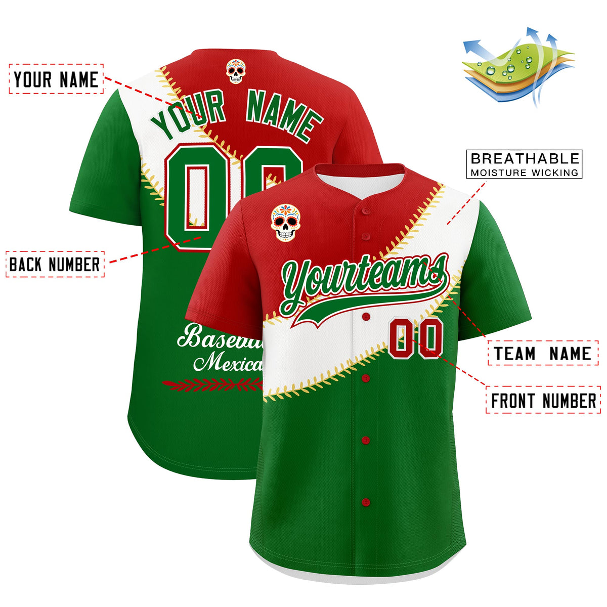 Custom Red White Kelly Green Graffiti Pattern Mexican style Stretch Fabric Baseball Jersey| KXKSHOP
