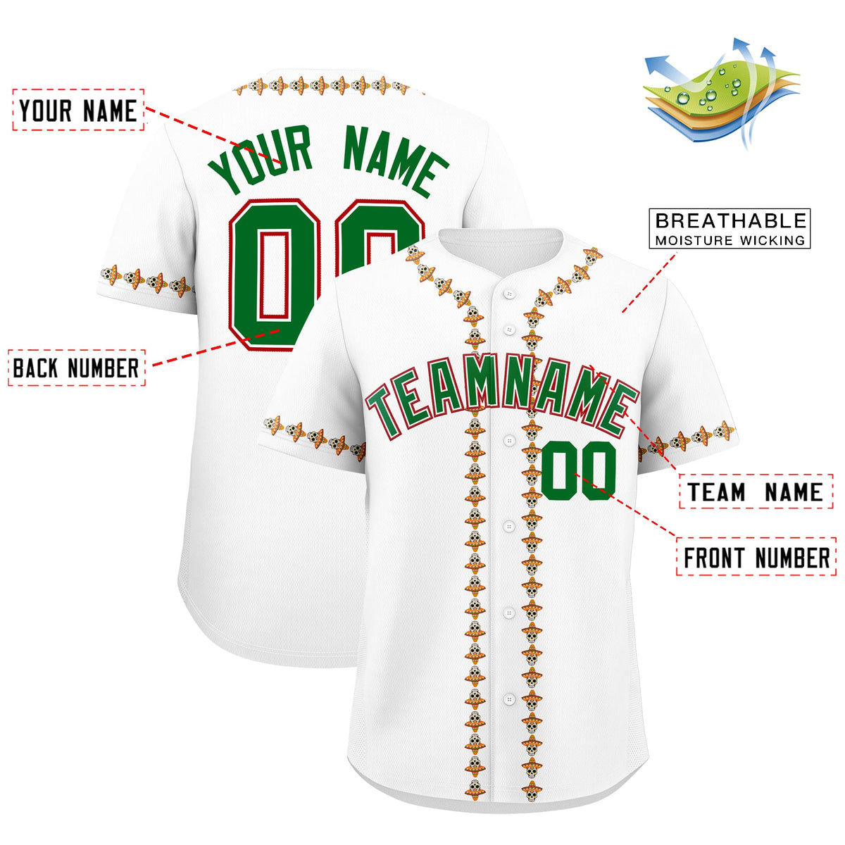 Custom White Kelly Green Red Graffiti Pattern Mexican style Stretch Fabric Baseball Jersey| KXKSHOP
