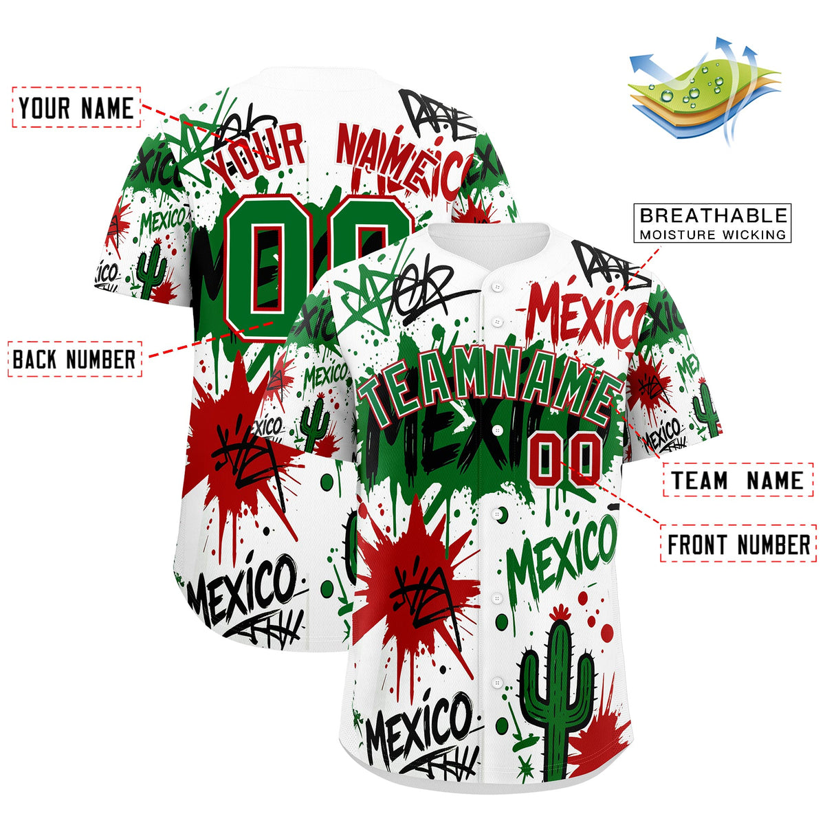 Custom White Kelly Green Red Graffiti Pattern Mexican style Stretch Fabric Baseball Jersey| KXKSHOP