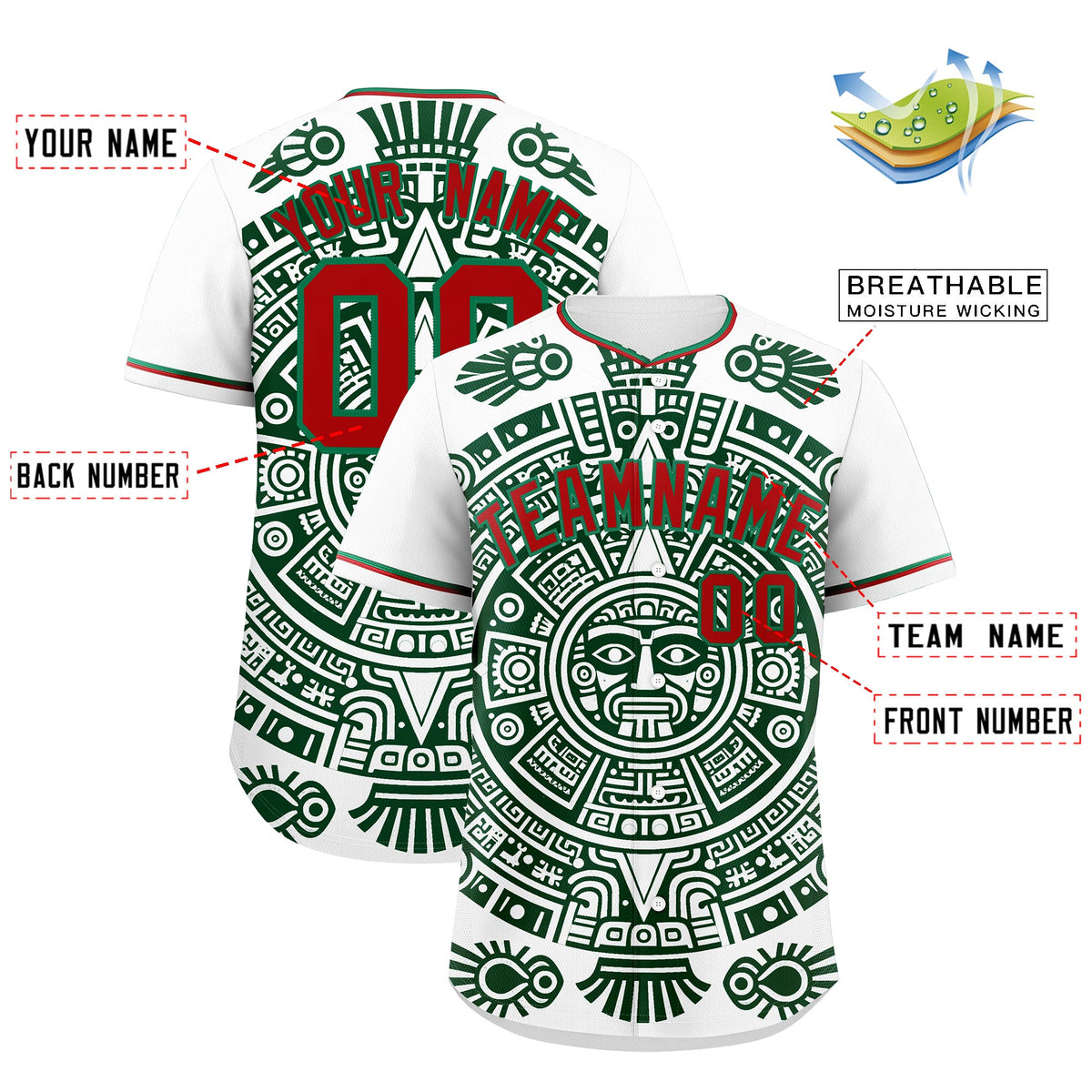 Custom White Dark Green Red Graffiti Pattern Mexican style Stretch Fabric Baseball Jersey| KXKSHOP