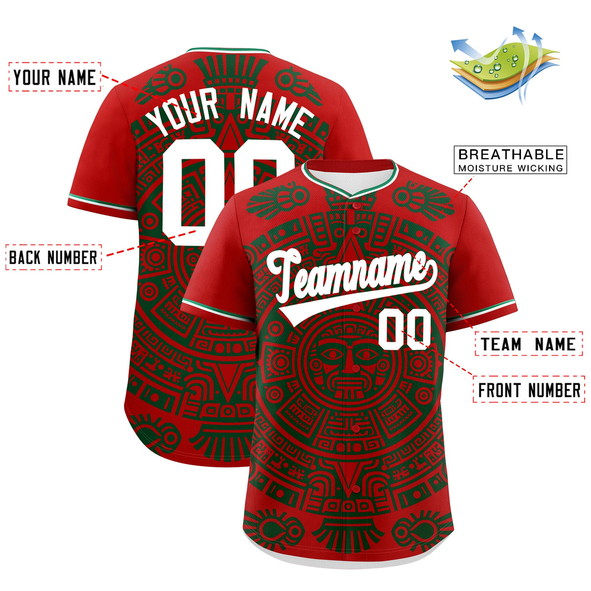 Custom Red Dark Green White Graffiti Pattern Mexican style Stretch Fabric Baseball Jersey| KXKSHOP