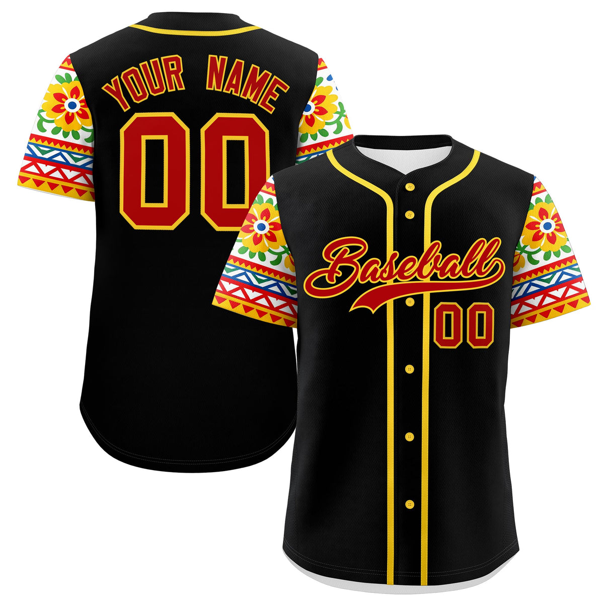 Custom Black Red Gold Graffiti Pattern Mexican style Stretch Fabric Baseball Jersey| KXKSHOP
