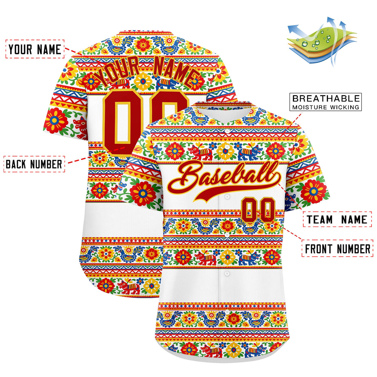 Custom White Red Gold Graffiti Pattern Mexican style Stretch Fabric Baseball Jersey| KXKSHOP