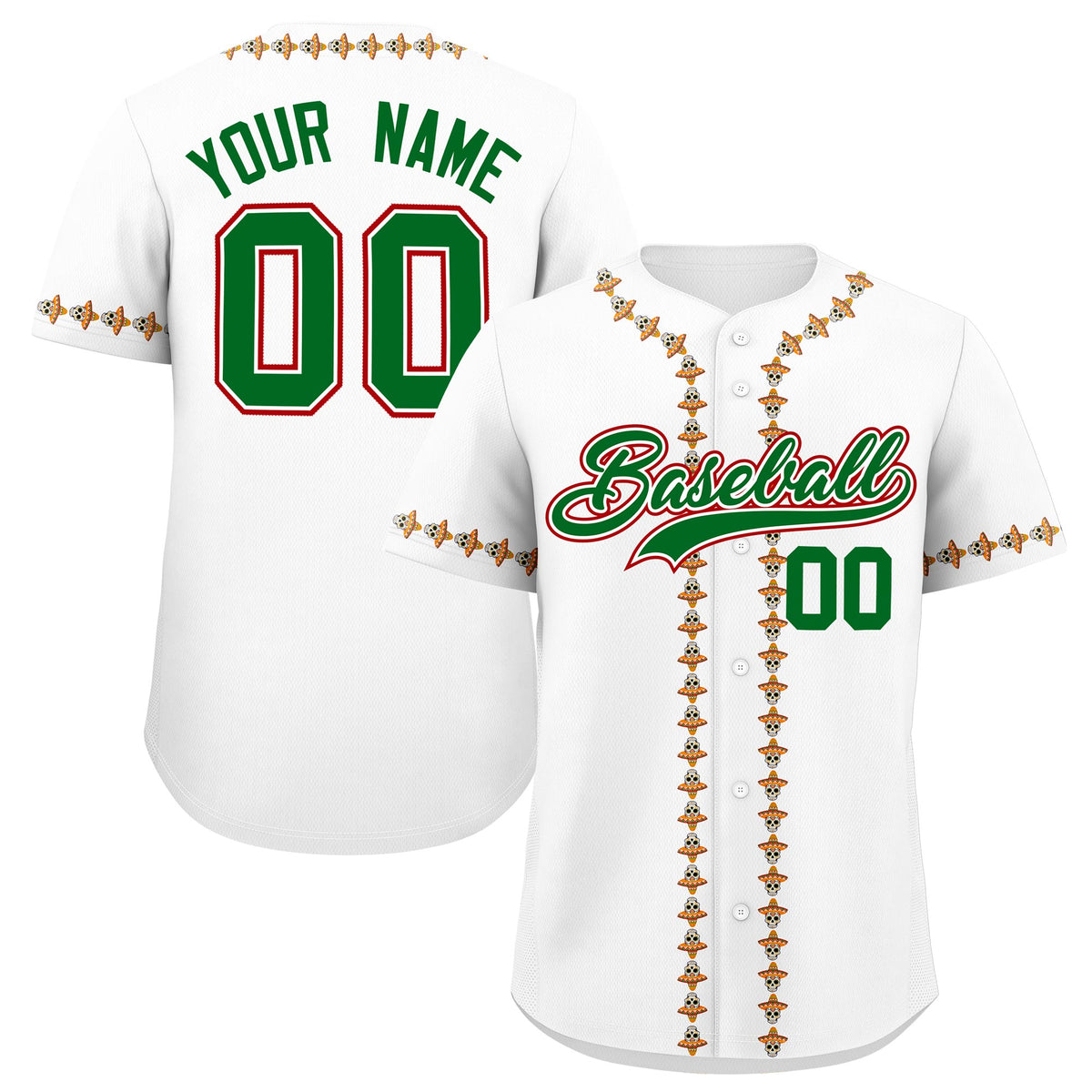 Custom White Kelly Green Red Graffiti Pattern Mexican style Stretch Fabric Baseball Jersey| KXKSHOP